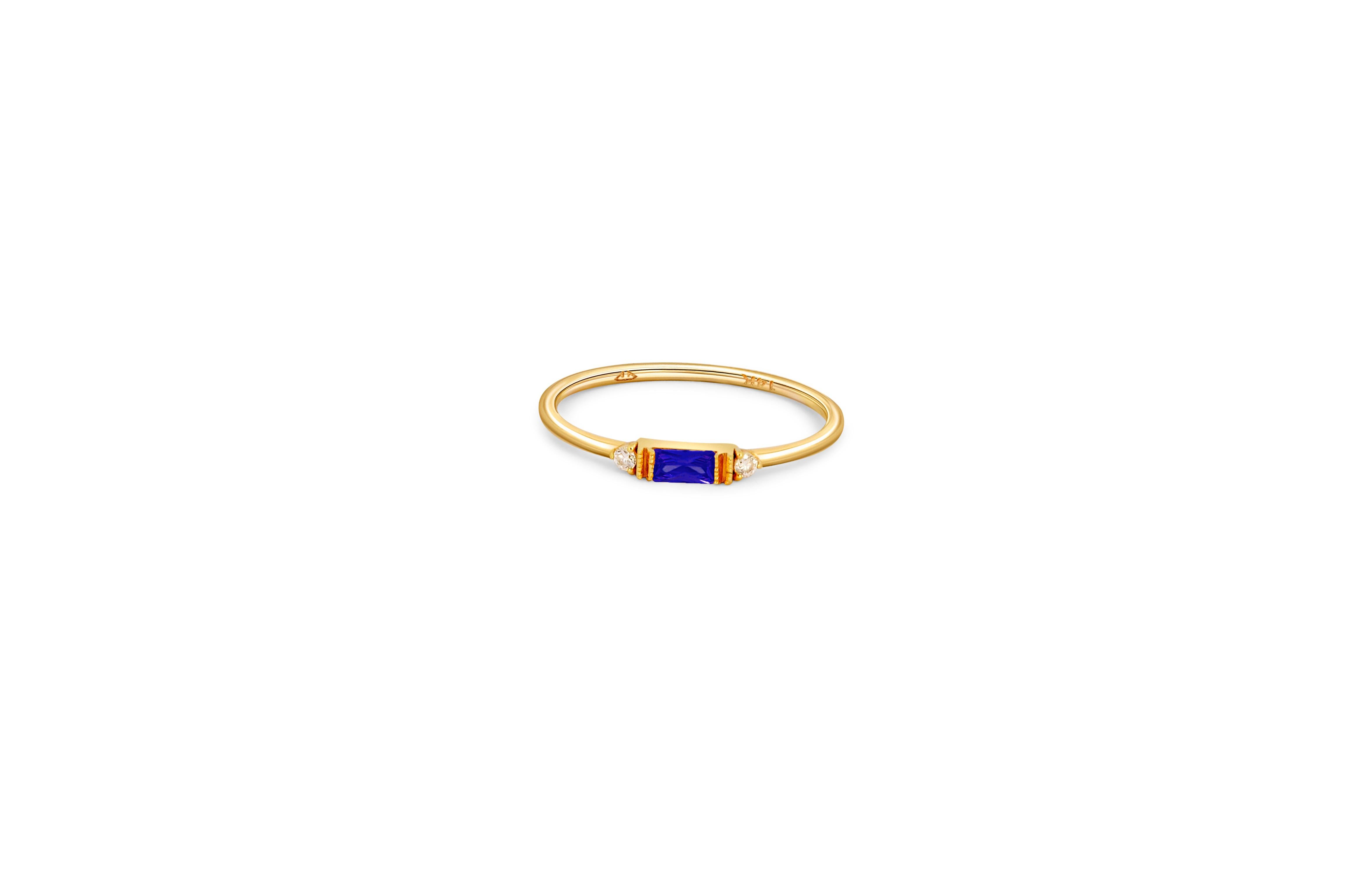 Women's or Men's East west Baguette Cut Lab Sapphire Engagement 14k gold Ring For Sale