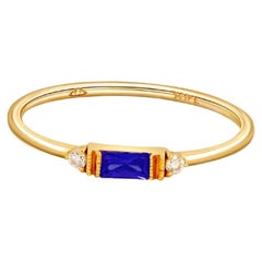 East West Baguette Cut Lab Sapphire Engagement 14k Gold Ring