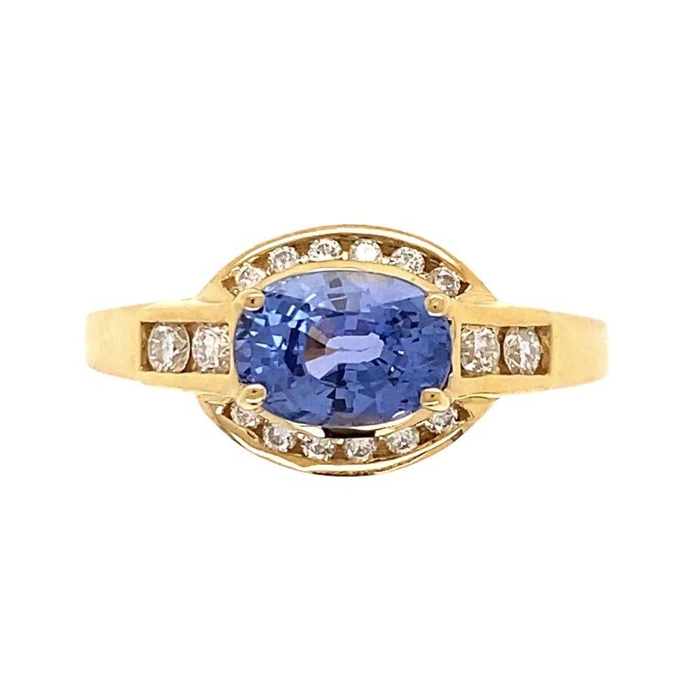 Modernist East West Blue Sapphire and Diamond Vintage Gold Ring For Sale