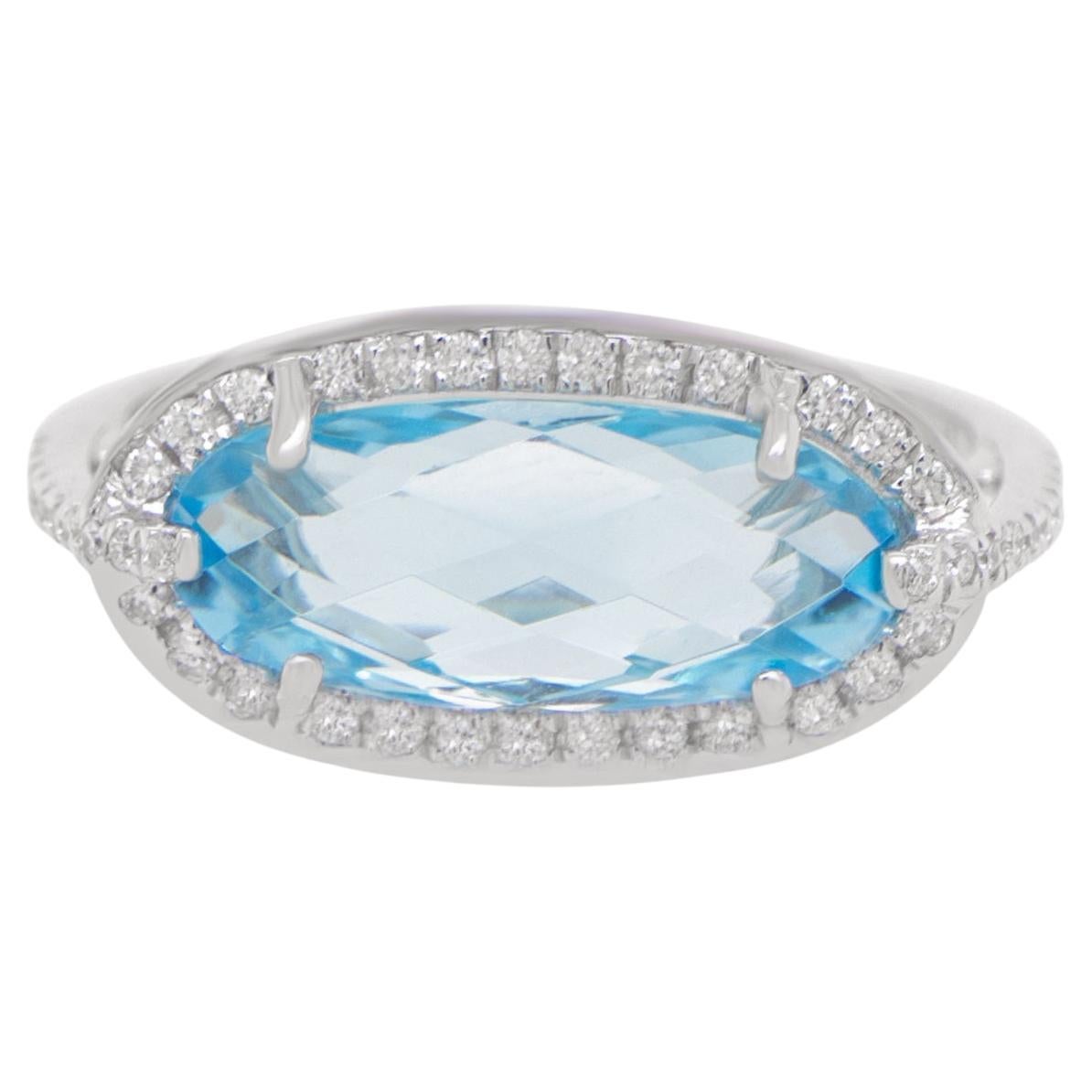 East West Blue Topaz Cocktail Ring Diamond Halo 4.2 Carats 14K Gold