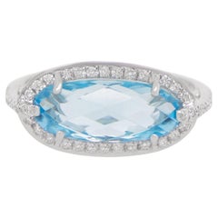 East West Anello Cocktail Topazio Blu Diamante Halo 4,2 Carati Oro 14K