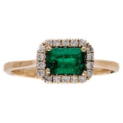 East-West Colombian Emerald Ring w Diamond Accents in Solid 14K Yellow Gold 6x4