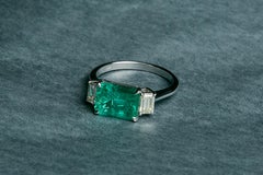 East West Emerald and Diamond Ring in 18k White Gold by Maria Jose Jewelry