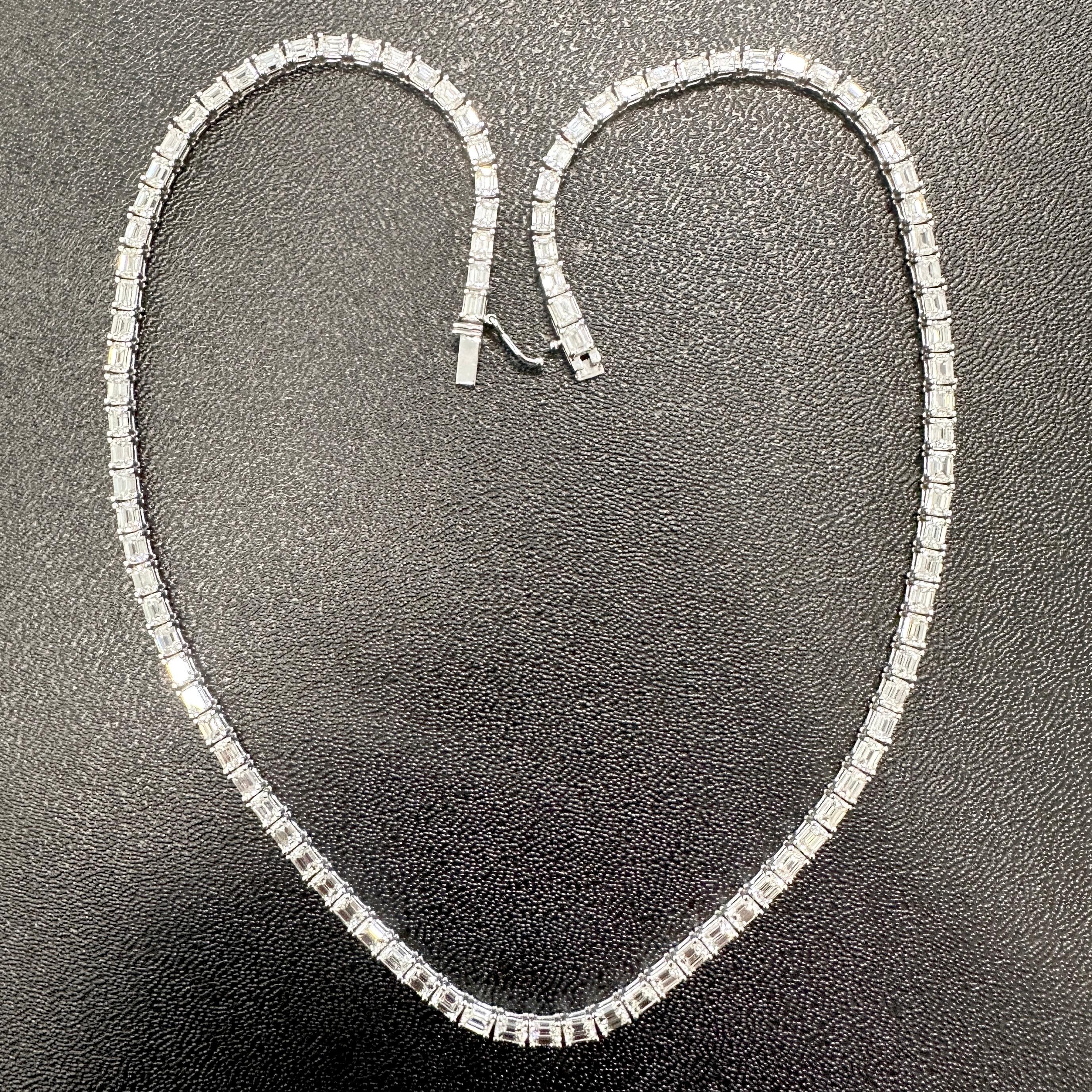Contemporary East-West Emerald Cut Diamond Tennis Necklace in 18K White Gold, 18.65 Carats For Sale