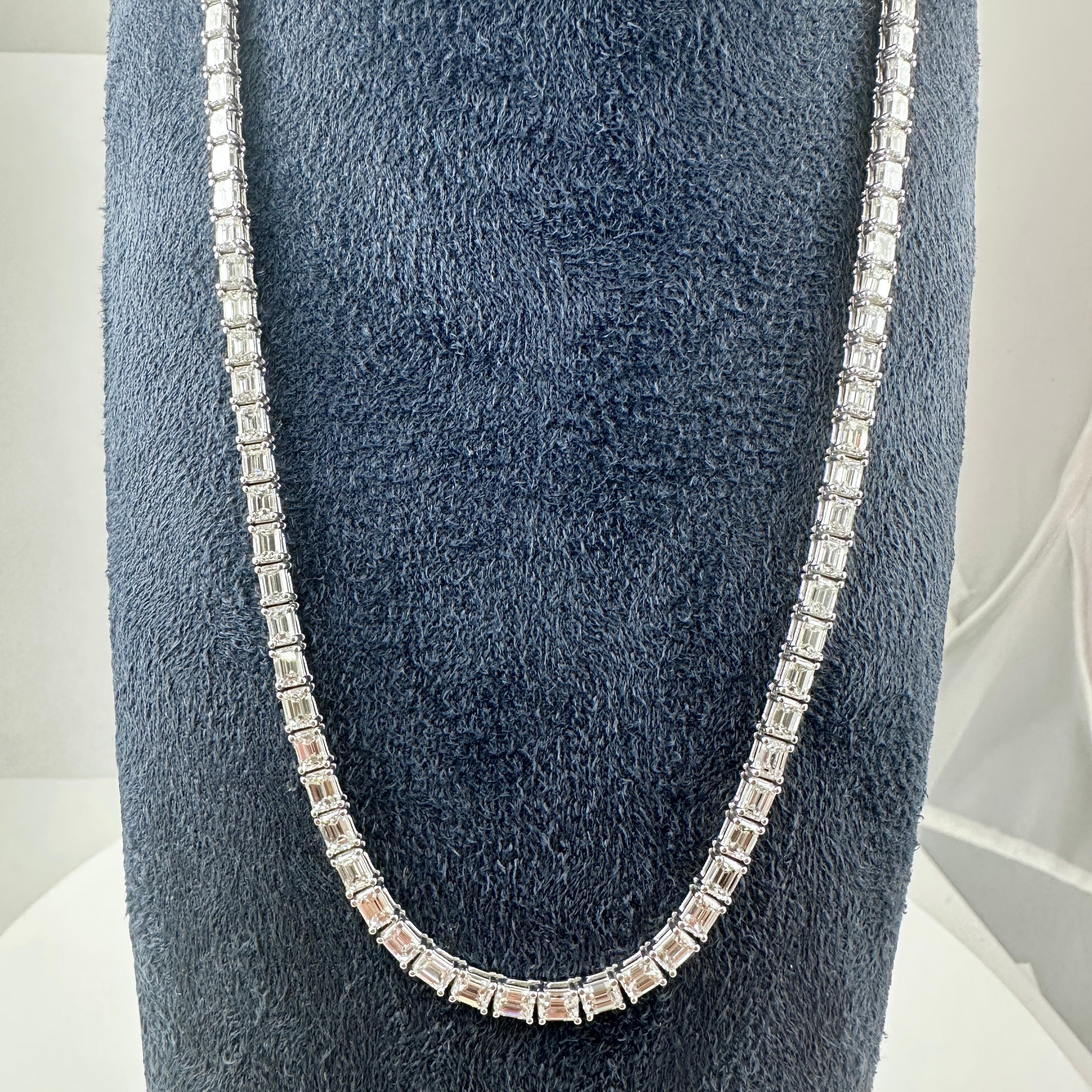 Women's or Men's East-West Emerald Cut Diamond Tennis Necklace in 18K White Gold, 18.65 Carats For Sale