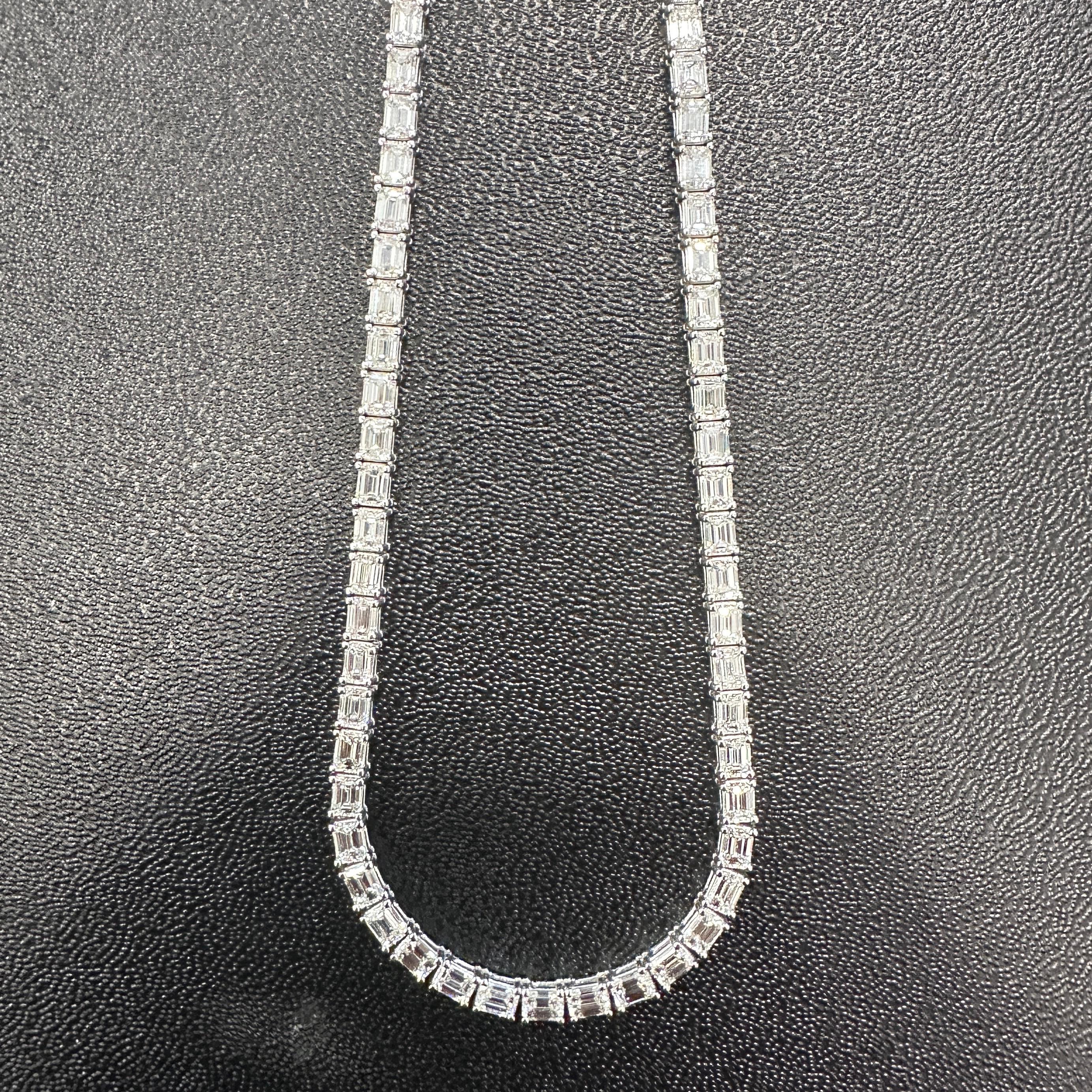 East-West Emerald Cut Diamond Tennis Necklace in 18K White Gold, 18.65 Carats For Sale 2