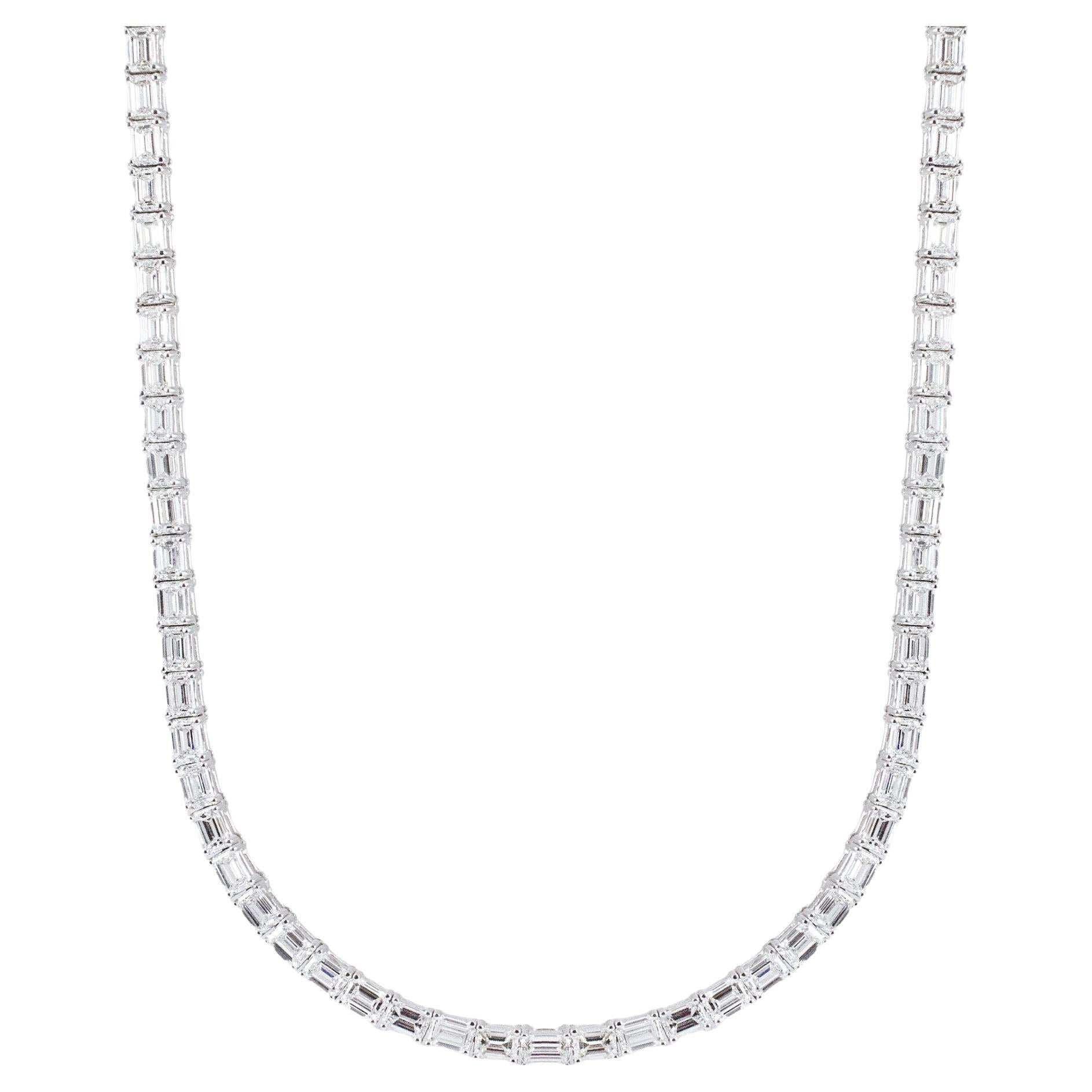 East-West Emerald Cut Diamond Tennis Necklace in 18K White Gold, 18.65 Carats For Sale