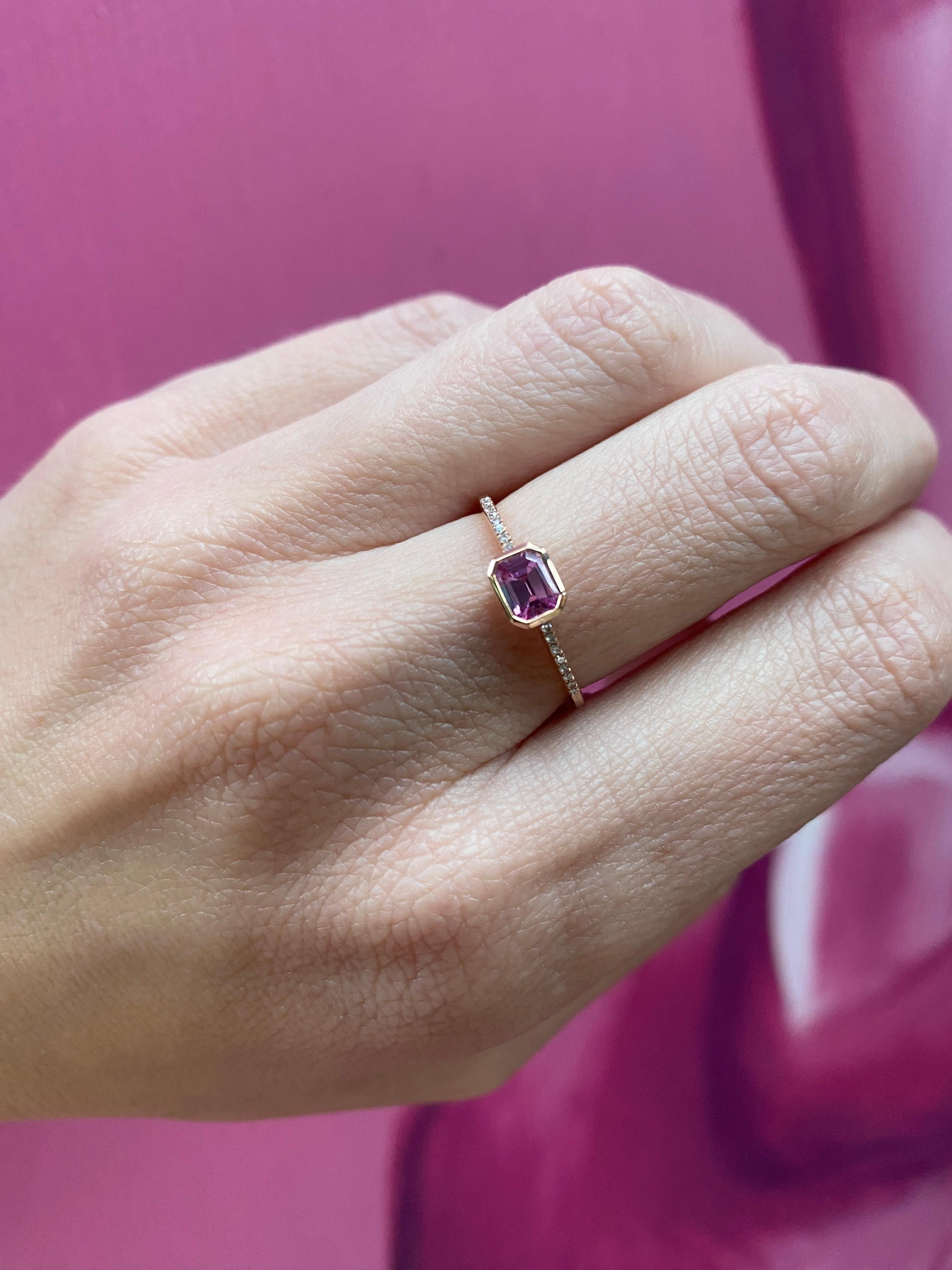 East-West Emerald Cut Pink Sapphire & Diamond 14 Karat Rose Gold Stacking Ring For Sale 5