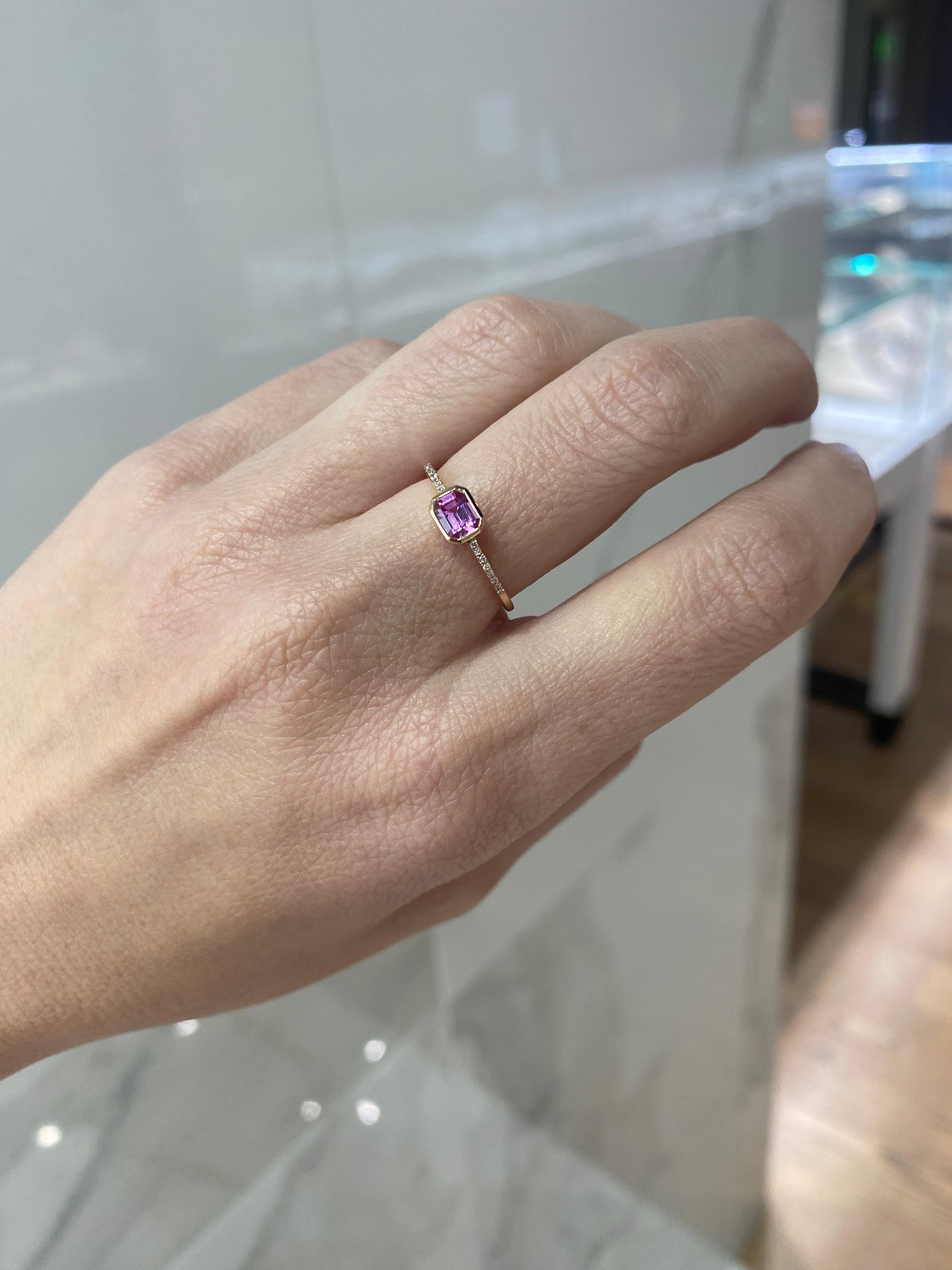 East-West Emerald Cut Pink Sapphire & Diamond 14 Karat Rose Gold Stacking Ring For Sale 6