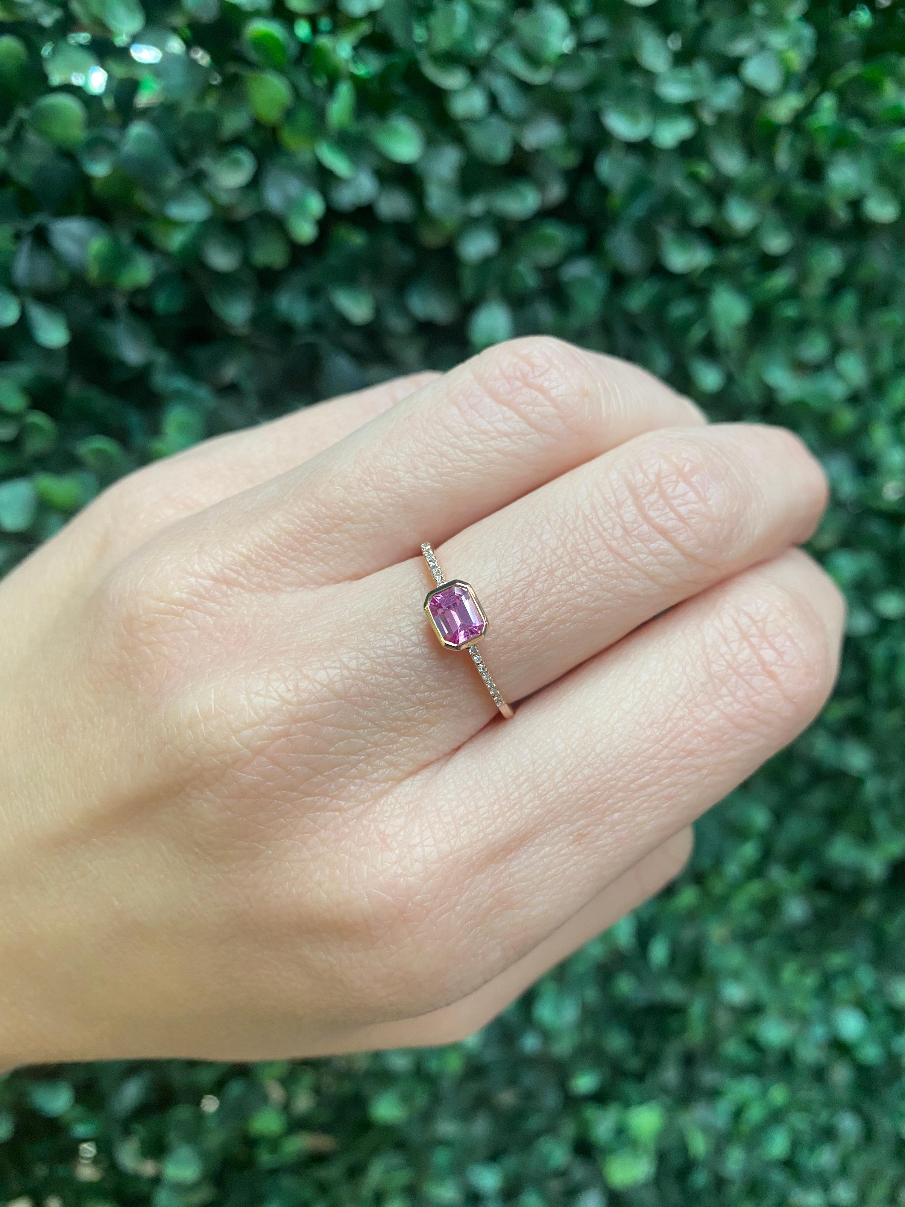 East-West Emerald Cut Pink Sapphire & Diamond 14 Karat Rose Gold Stacking Ring For Sale 9