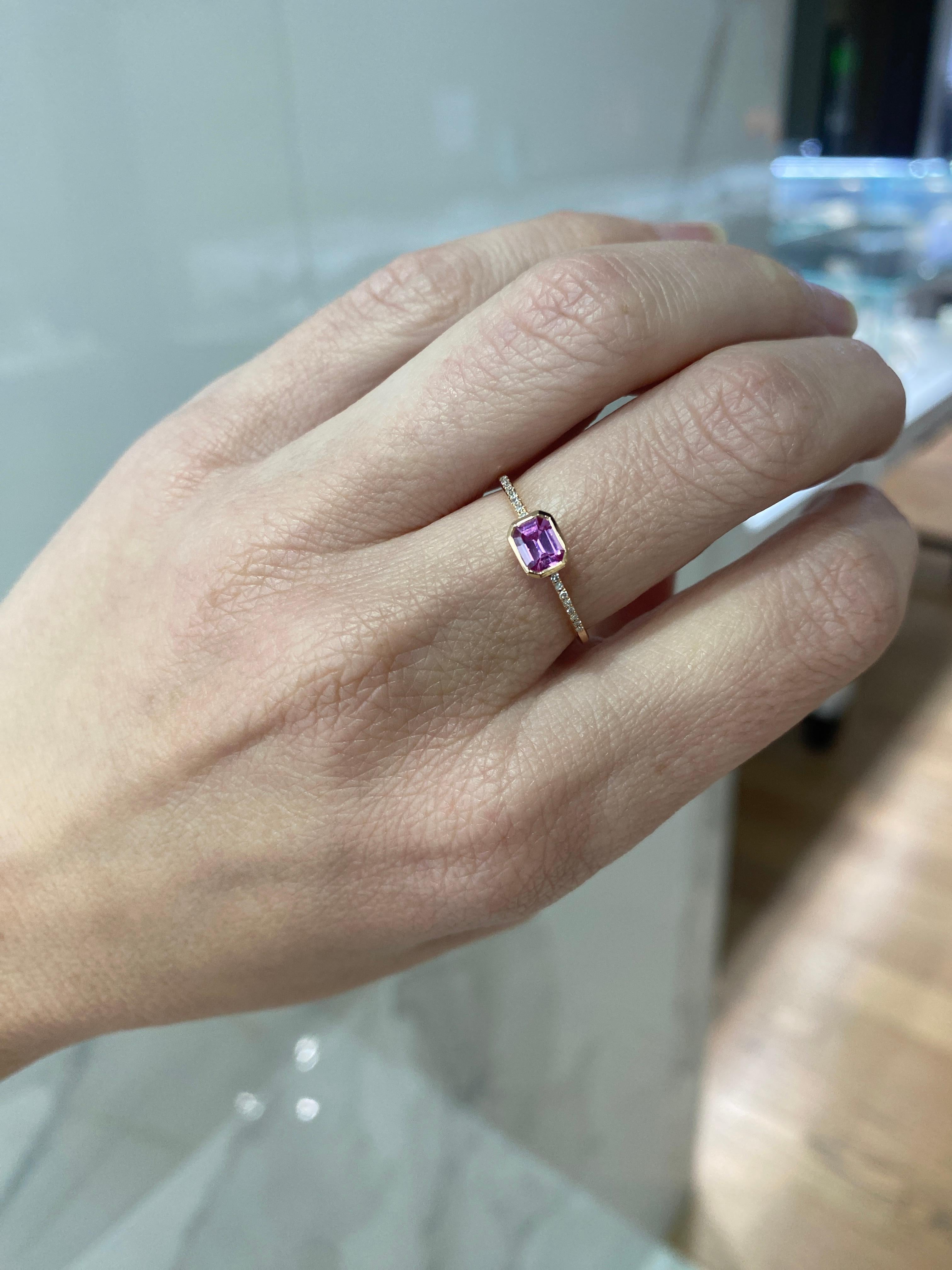 East-West Emerald Cut Pink Sapphire & Diamond 14 Karat Rose Gold Stacking Ring For Sale 10