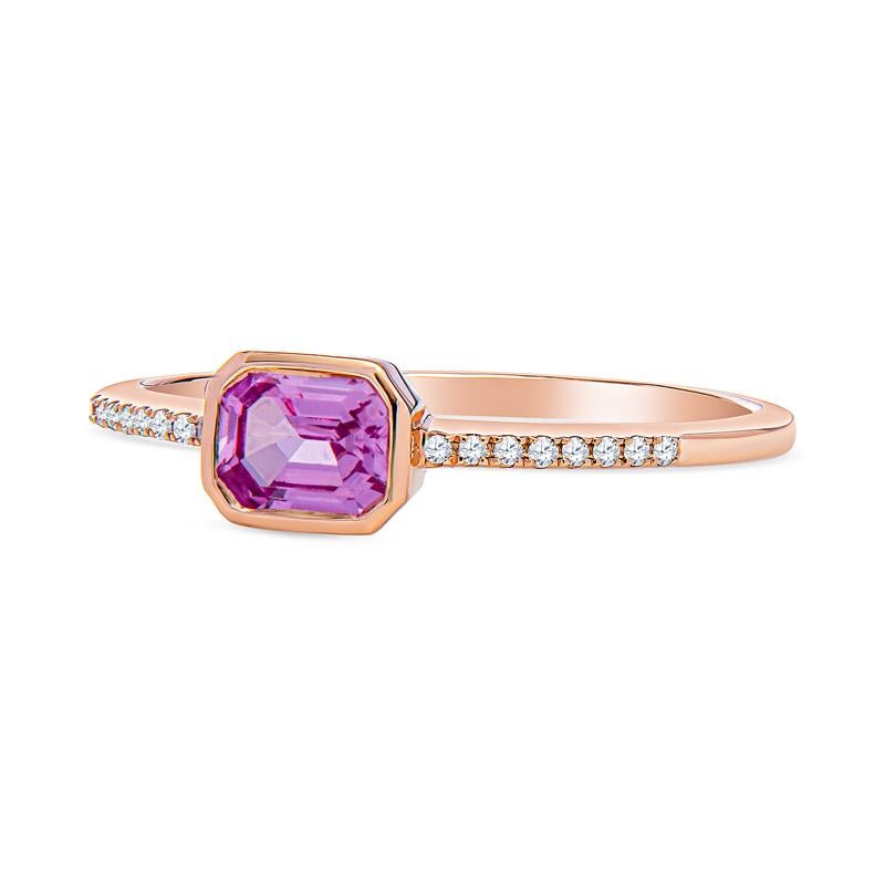 East-West Emerald Cut Pink Sapphire & Diamond 14 Karat Rose Gold Stacking Ring In New Condition For Sale In Houston, TX