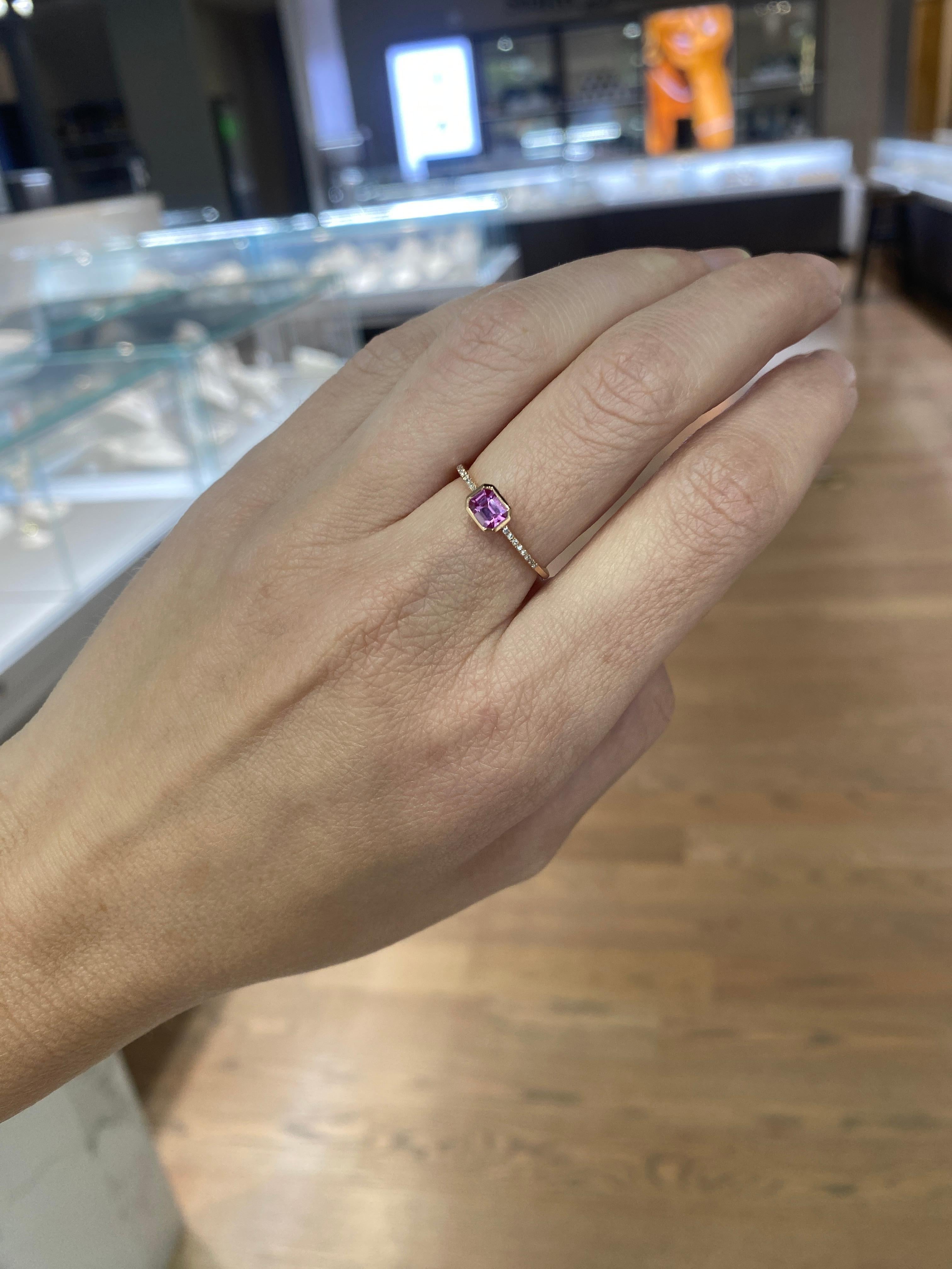 East-West Emerald Cut Pink Sapphire & Diamond 14 Karat Rose Gold Stacking Ring For Sale 1