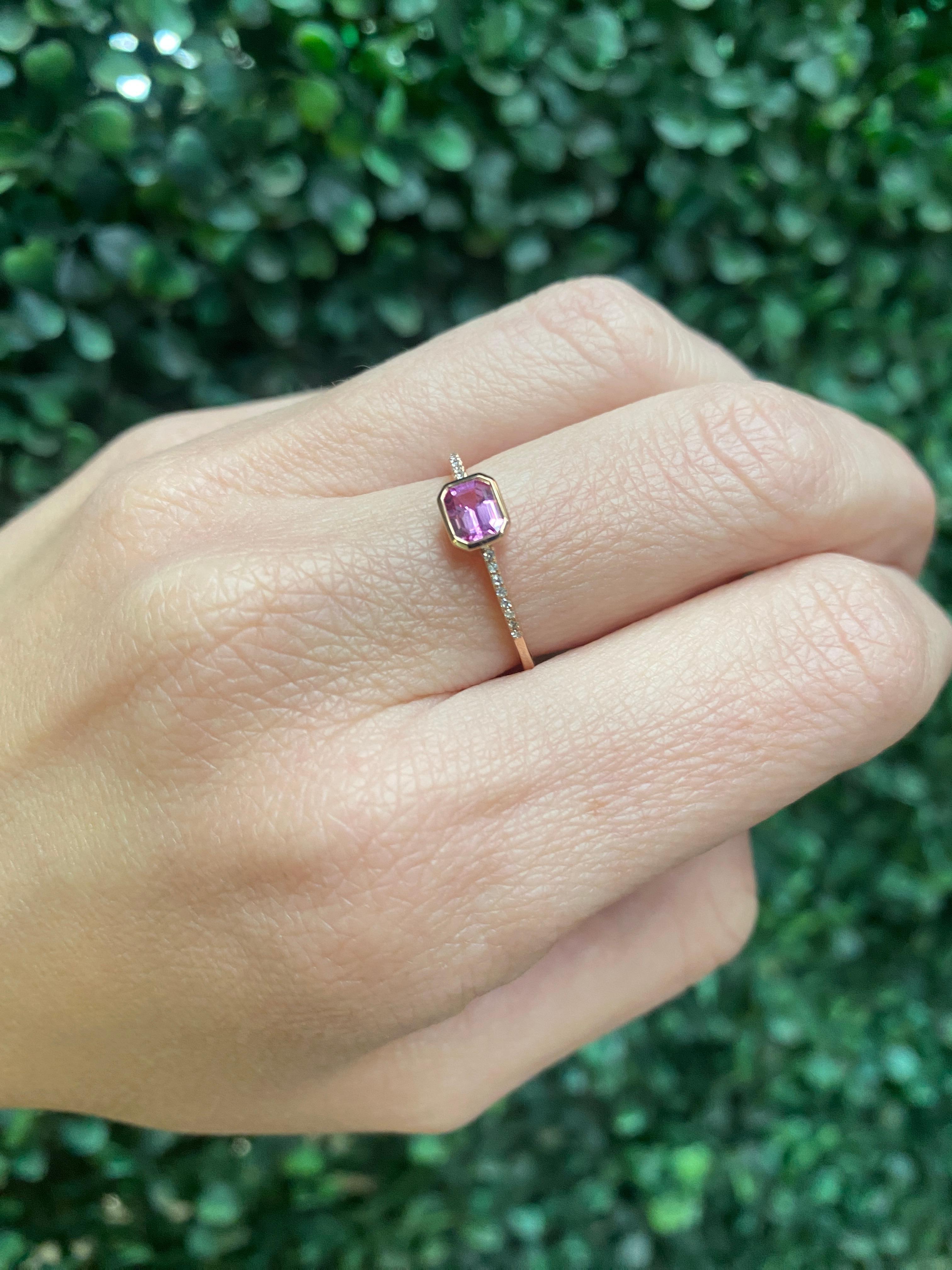 East-West Emerald Cut Pink Sapphire & Diamond 14 Karat Rose Gold Stacking Ring For Sale 4