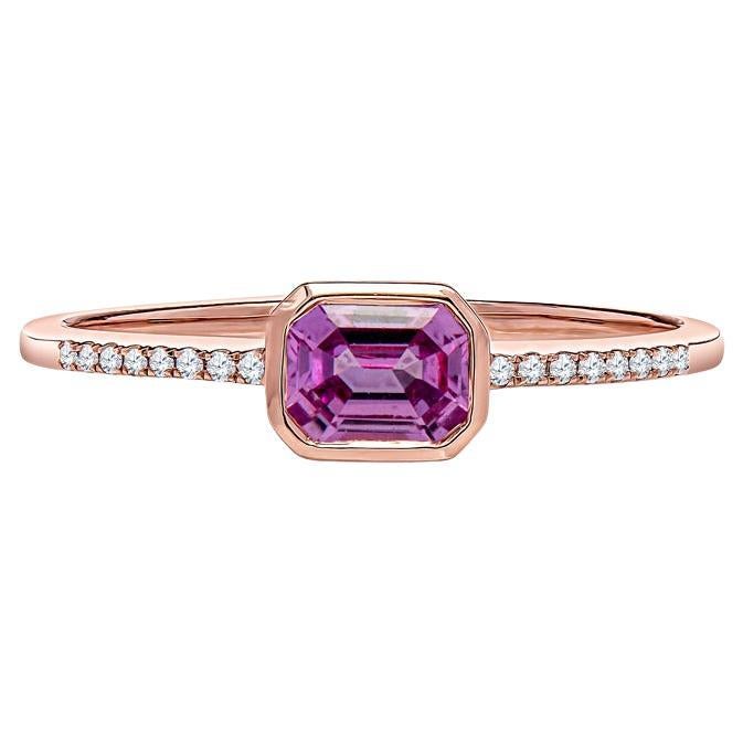 East-West Emerald Cut Pink Sapphire & Diamond 14 Karat Rose Gold Stacking Ring For Sale