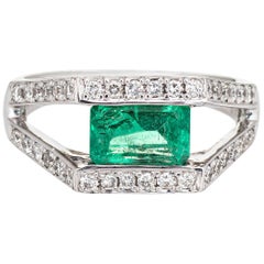 East West Emerald Diamond Ring 18 Karat White Gold Estate Fine Jewelry