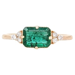 East West Emerald Ring w Earth Mined Diamonds in Solid 14K Yellow Gold EM 7x5mm