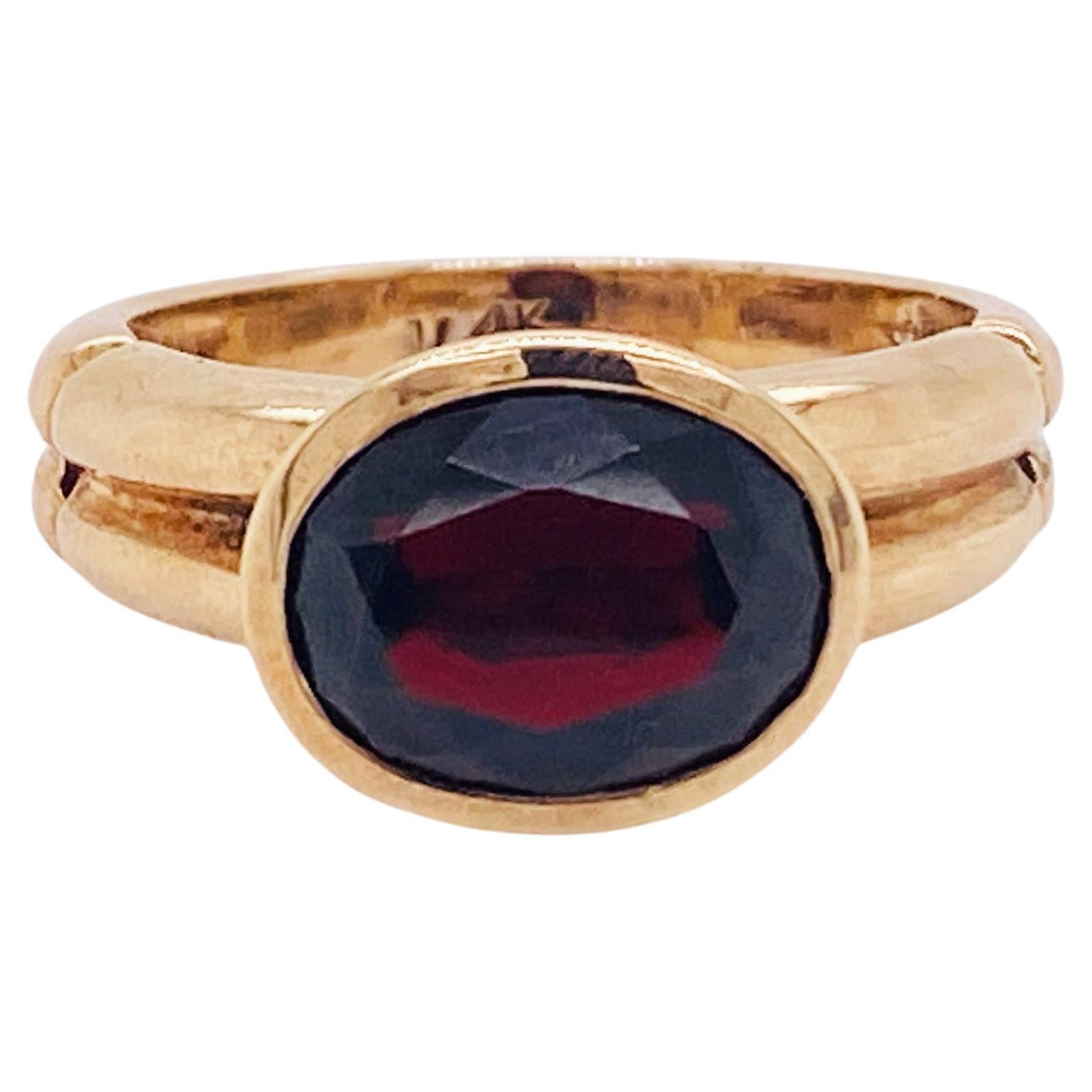 East West Garnet Bezel Ring 3.10ct Garnet w Wide Double Ribbed Band in 14 Karat