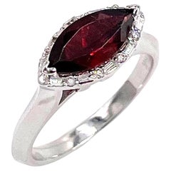 East West Garnet Halo Ring with Diamonds - 14K White Gold