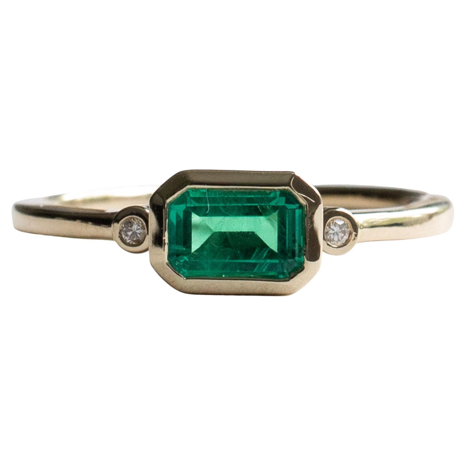 East West Lab Emerald with Diamond Engagement Ring For Sale