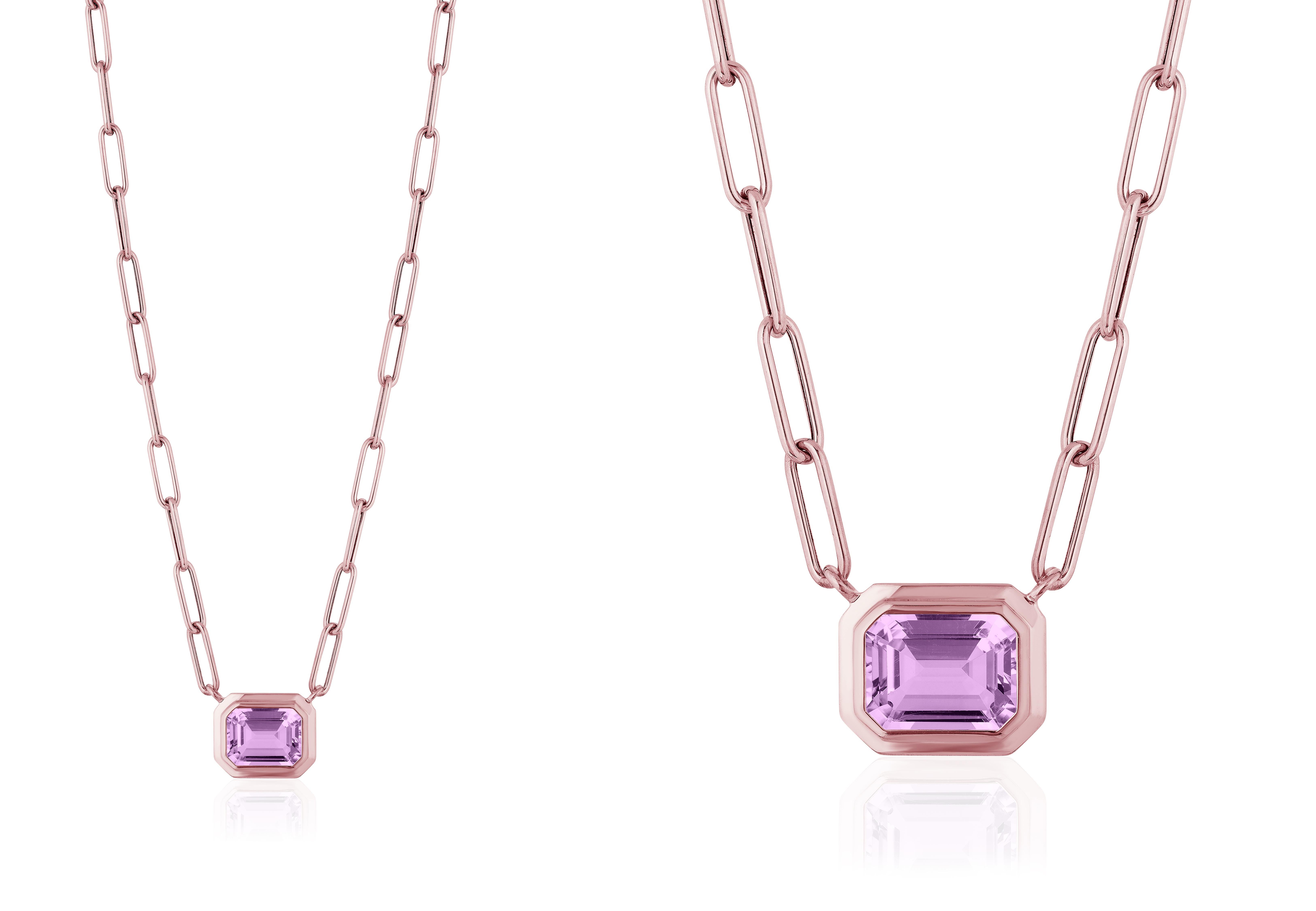 This beautiful East-West Lavender Amethyst Emerald Cut Bezel Set Pendant in 18K Rose Gold is from our ‘Manhattan’ Collection. Minimalist lines yet bold structures are what our Manhattan Collection is all about. Our pieces represent the famous