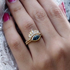 East West Marquise Bezel Set Blue Topaz Unique Bridal Two ring Set - Illuminanti