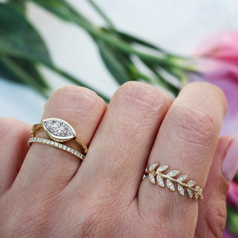 Art Deco East West Marquise Bezel Set Diamond Solitaire Elegant Engagement Ring For Sale