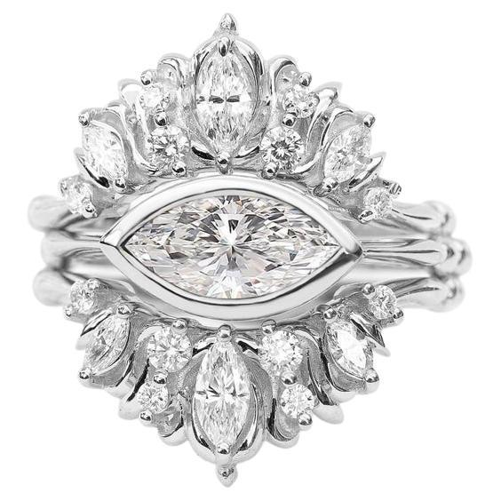 East West Marquise Bezel Set Diamond Wedding Three Ring Set, "Illuminati trio" For Sale