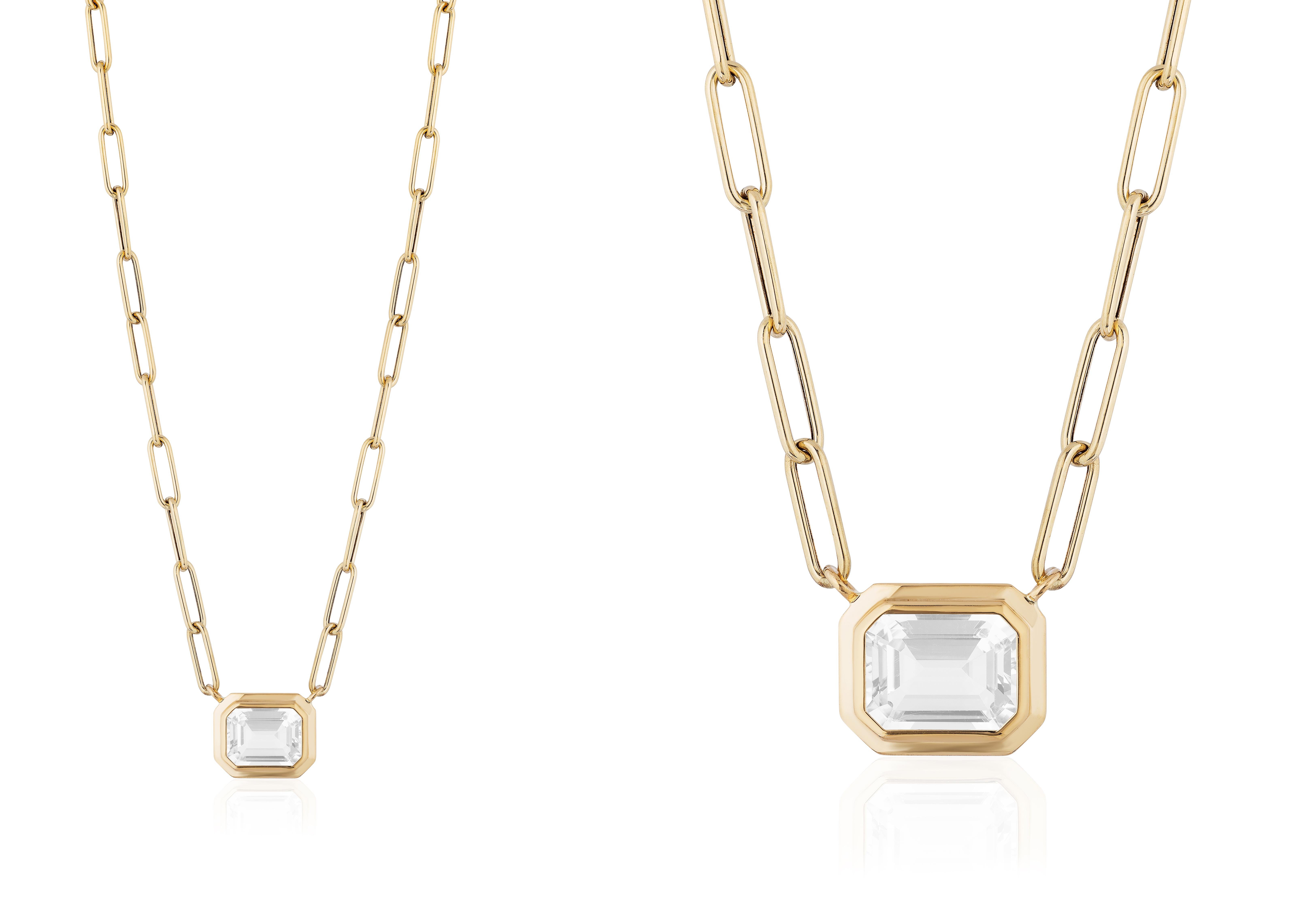 This beautiful East-West Moon Quartz Emerald Cut Bezel Set Pendant in 18K Yellow Gold is from our ‘Manhattan’ Collection. Minimalist lines yet bold structures are what our Manhattan Collection is all about. Our pieces represent the famous skyline