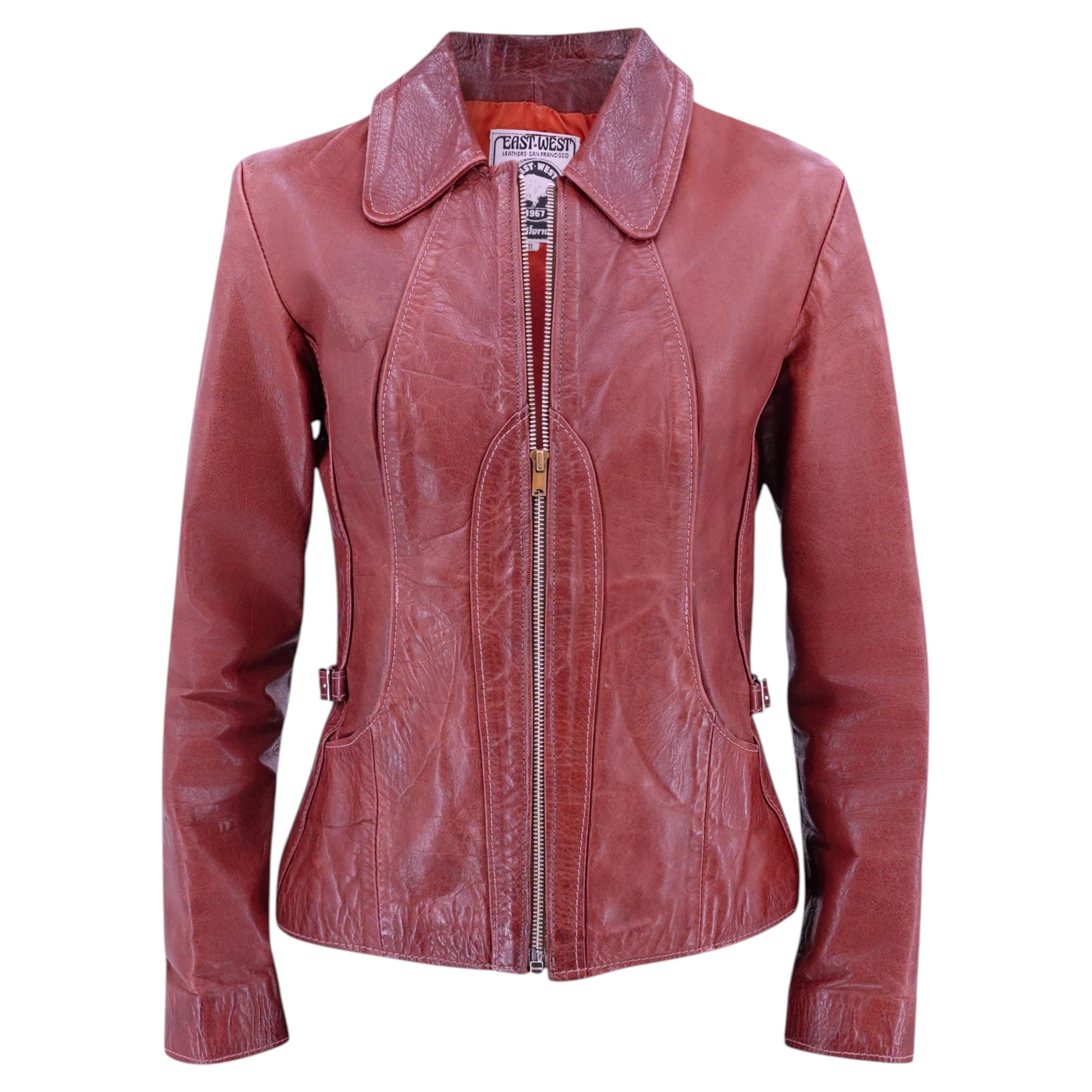 East West Musical Instruments 1970s Rusty Red Curved-Panel Leather Jacket