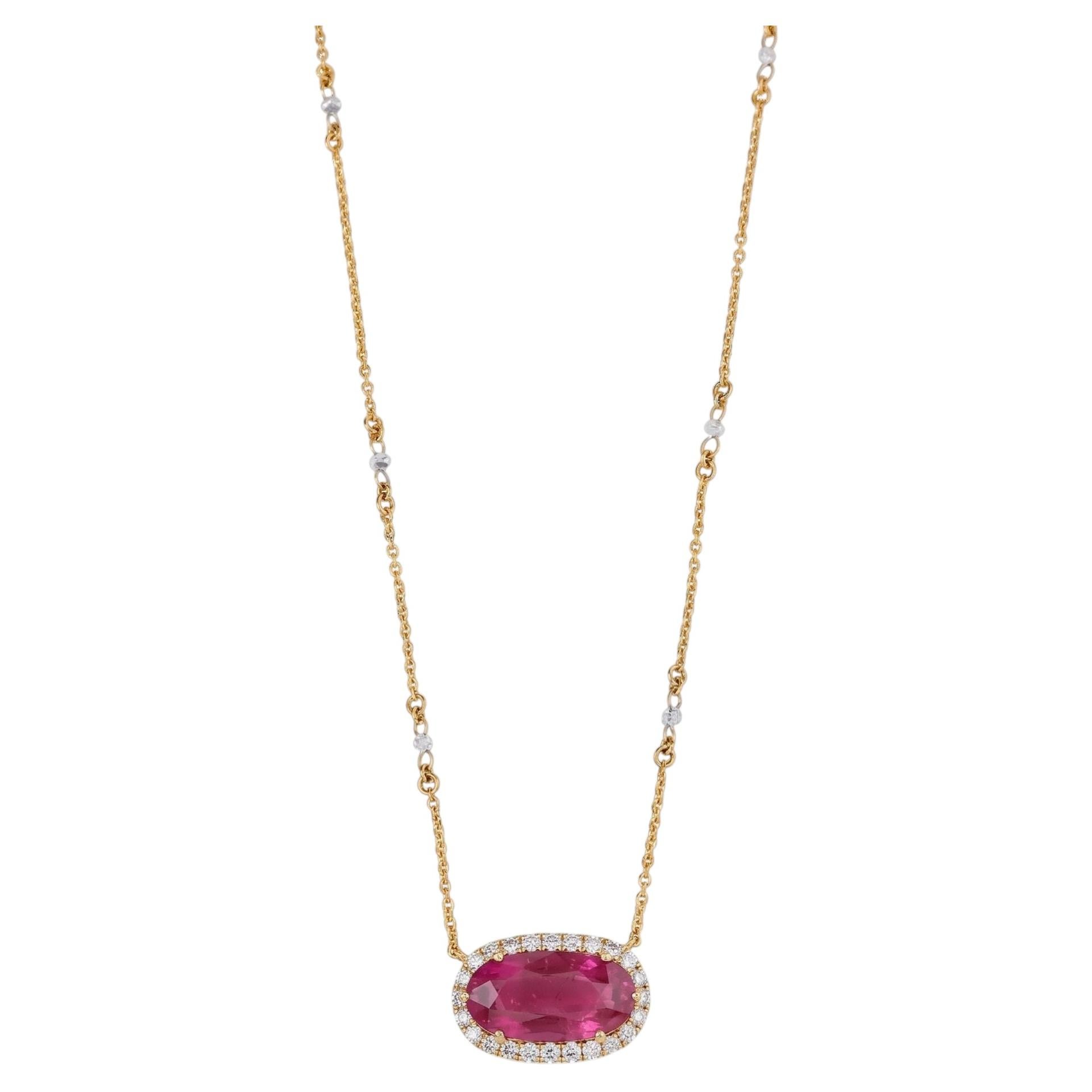 East West Natural Ruby Diamond Station Necklace in 14K Solid Gold (Certified)