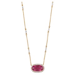 East West Natural Ruby Diamond Station Necklace in 14K Solid Gold (Certified)