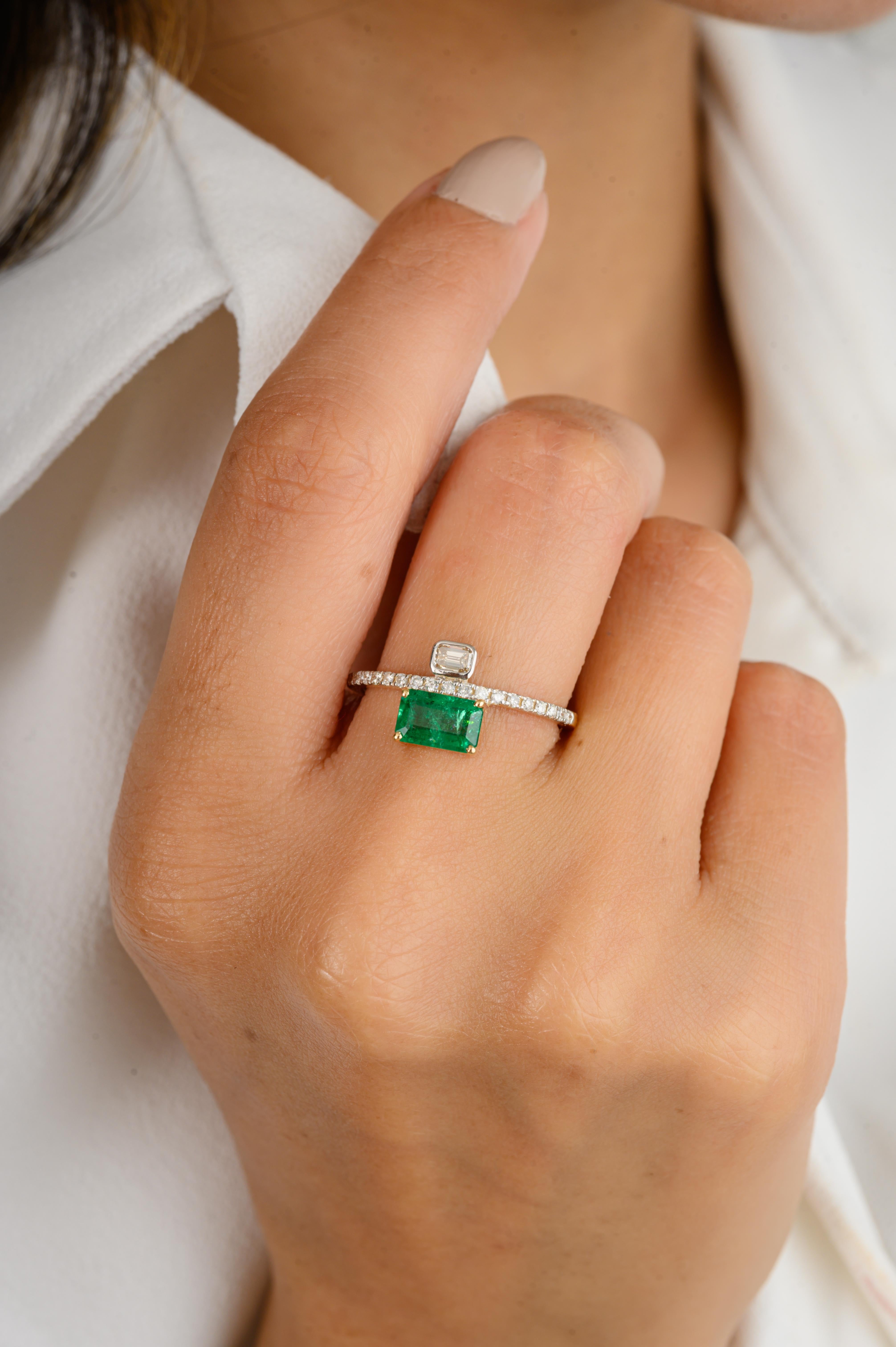 For Sale:  East West Octagon Emerald Diamond Wedding Ring Crafted in 18k Solid Yellow Gold 6