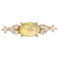 East West Opal Ring w Earth Mined Diamonds in Solid 14k Yellow Gold Oval 8x6mm