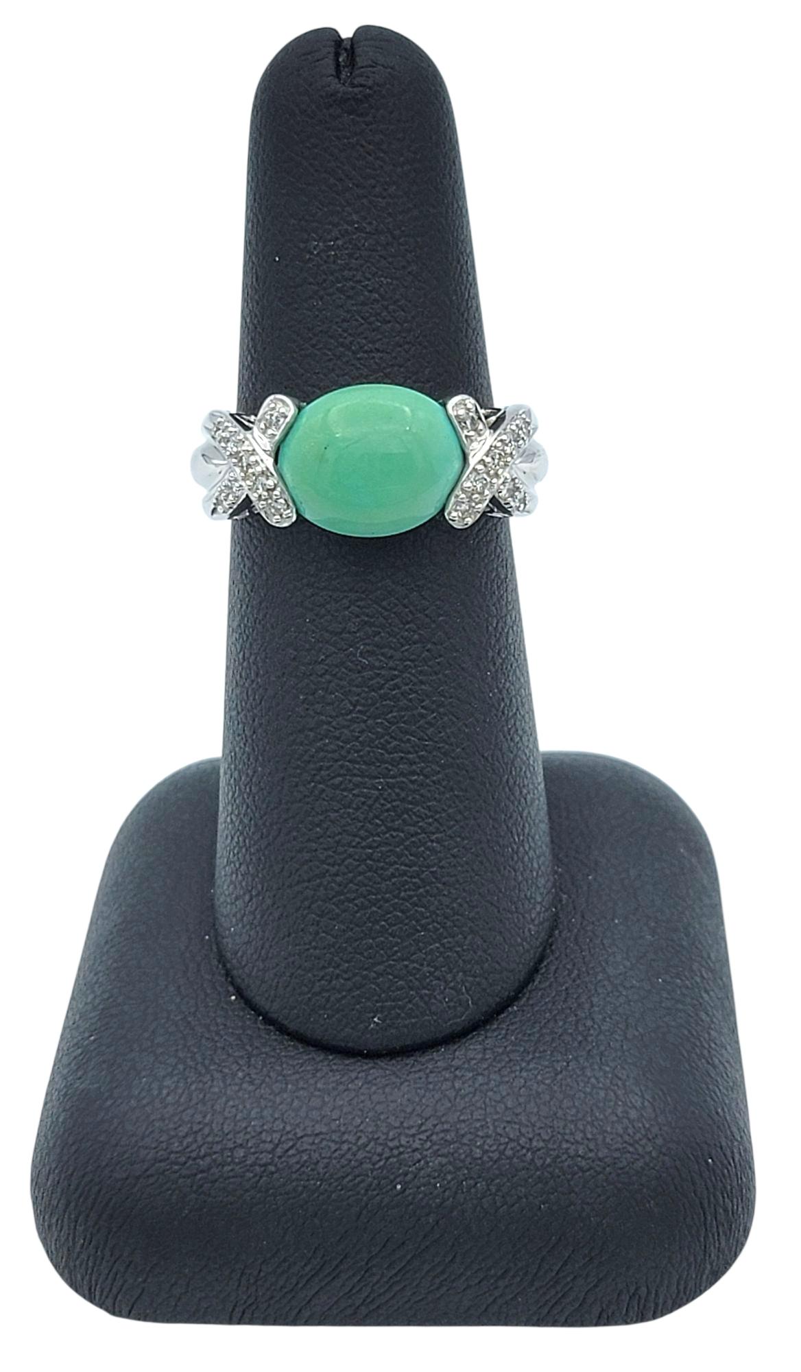 East West Oval Cabochon Turquoise and Pavé Diamond Ring in 14 Karat White Gold im Angebot 7