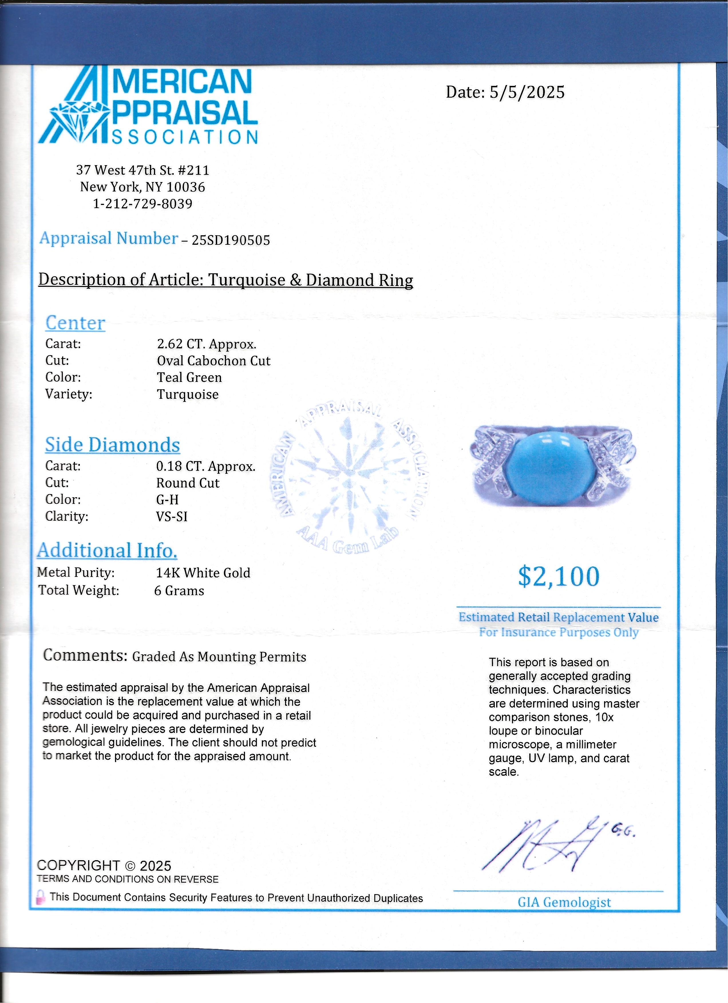 East West Oval Cabochon Turquoise and Pavé Diamond Ring in 14 Karat White Gold im Angebot 9