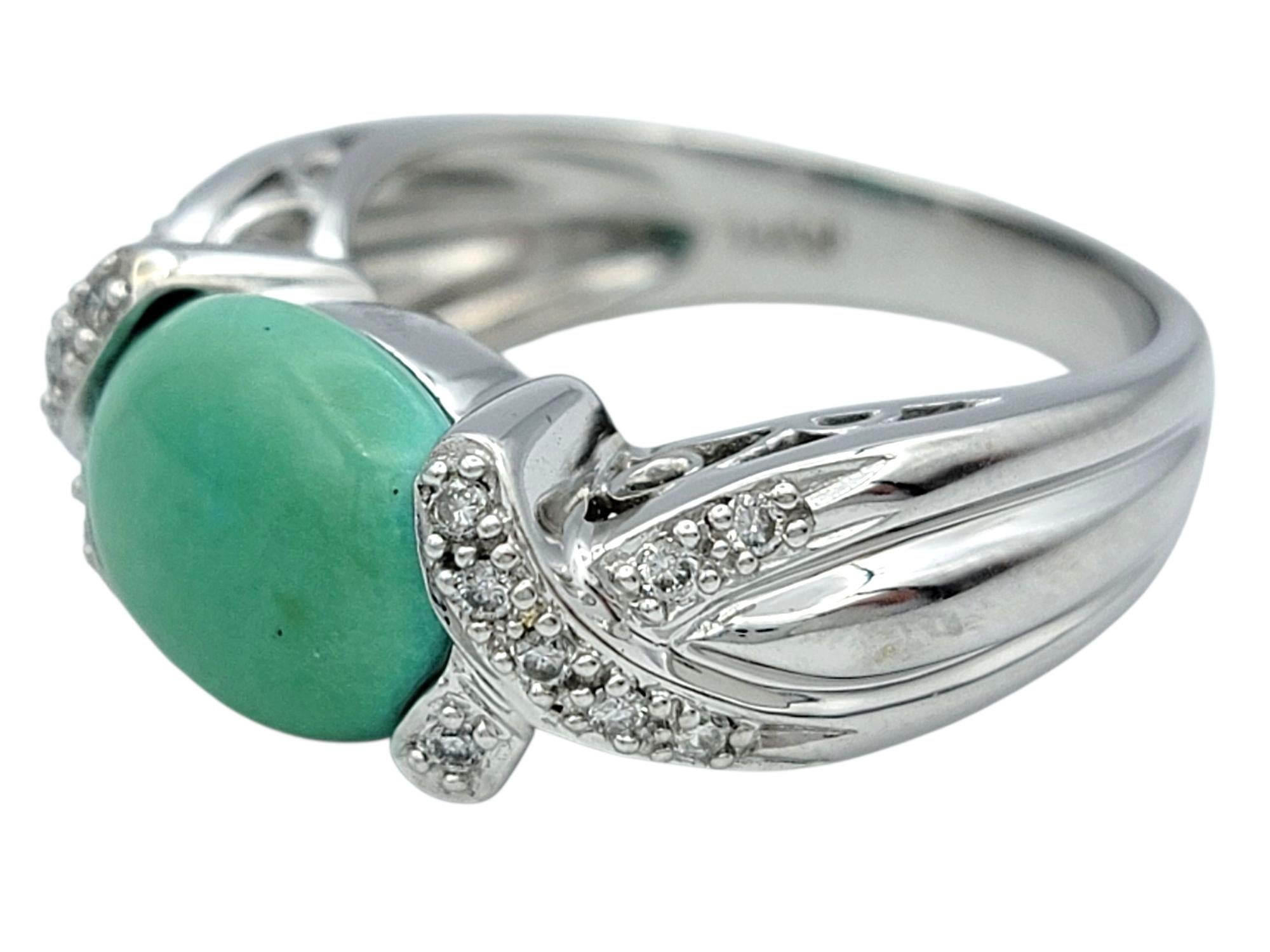 East West Oval Cabochon Turquoise and Pavé Diamond Ring in 14 Karat White Gold im Angebot 1
