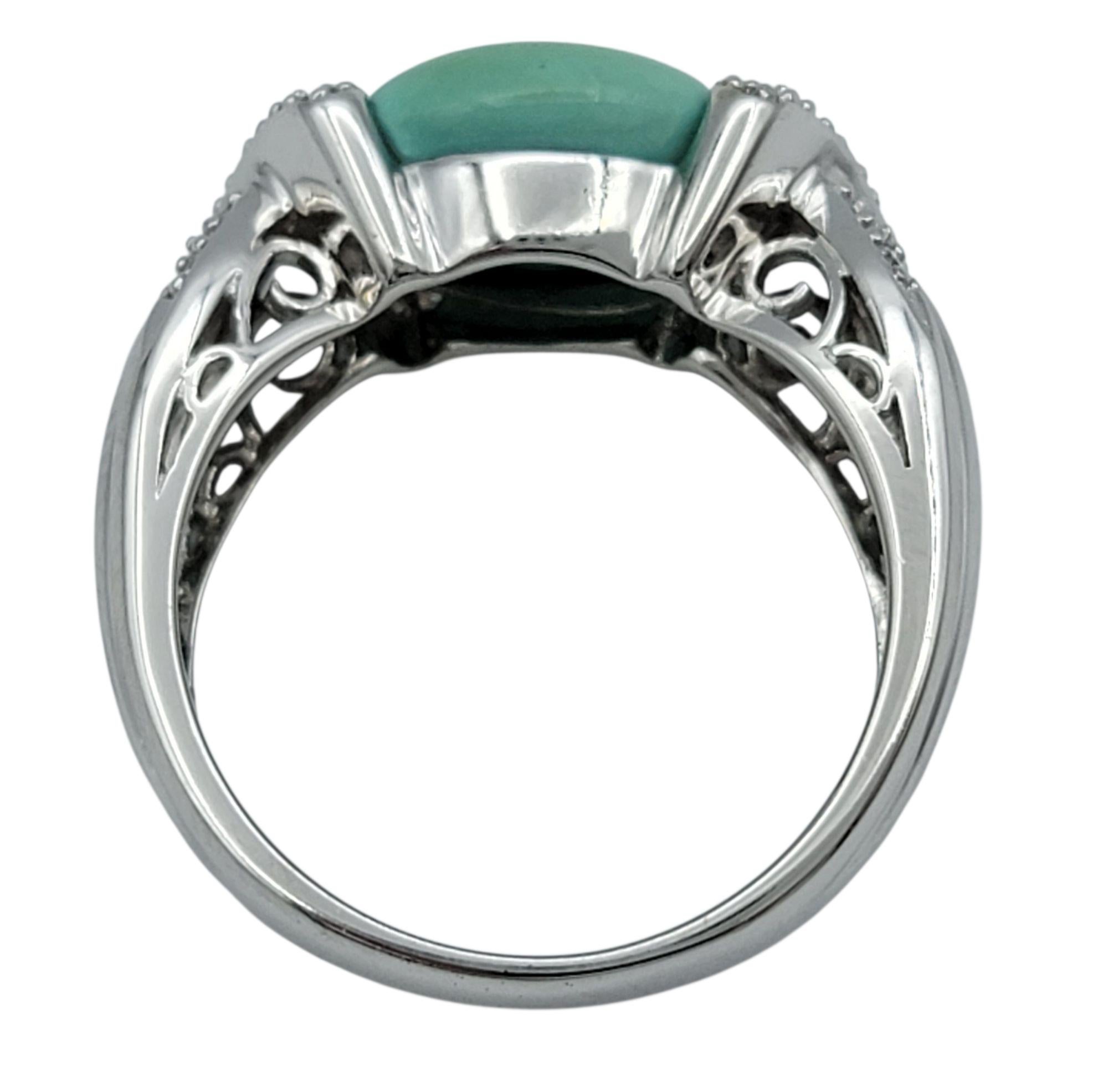 East West Oval Cabochon Turquoise and Pavé Diamond Ring in 14 Karat White Gold im Angebot 3