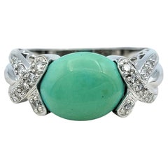 East West Oval Cabochon Turquoise and Pavé Diamond Ring in 14 Karat White Gold