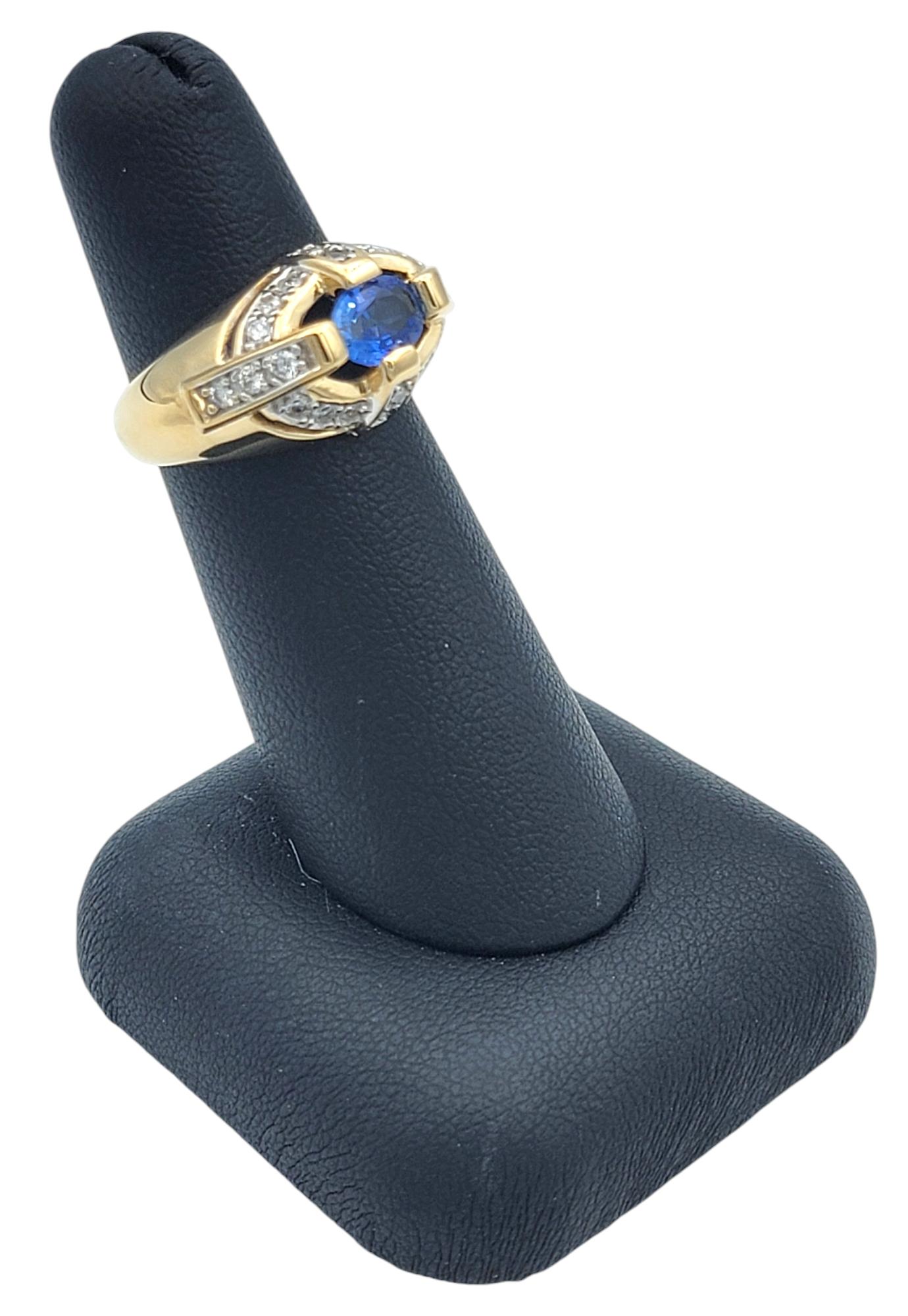 East-West Oval Cut Blue Sapphire Dome Ring with Diamonds in 14 Karat Yellow Gold For Sale 6