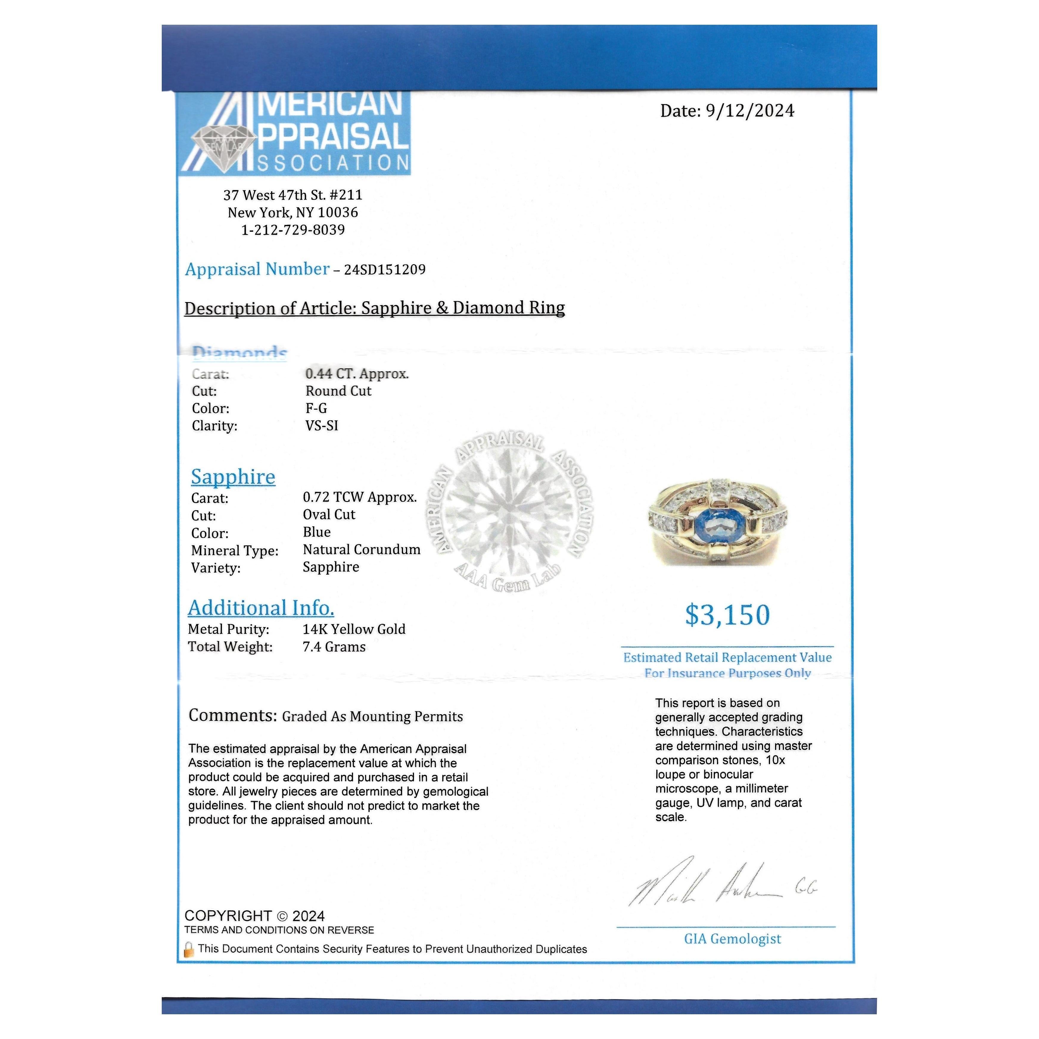 East-West Oval Cut Blue Sapphire Dome Ring with Diamonds in 14 Karat Yellow Gold For Sale 7