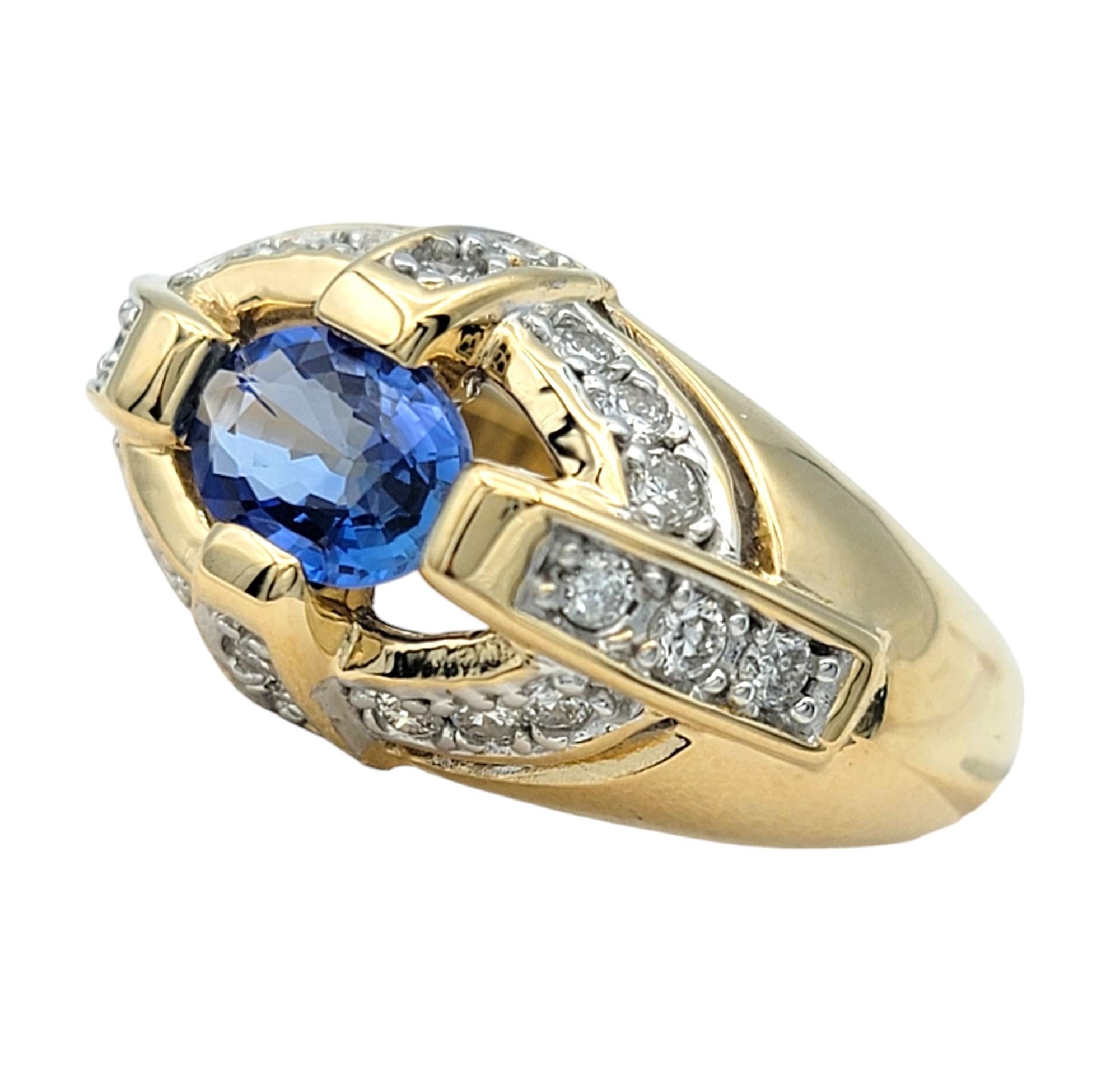 East-West Oval Cut Blue Sapphire Dome Ring with Diamonds in 14 Karat Yellow Gold In Good Condition For Sale In Scottsdale, AZ