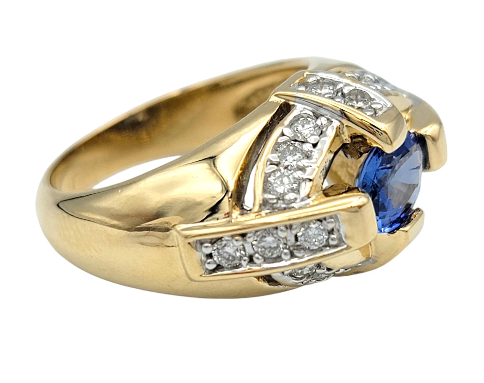 Women's East-West Oval Cut Blue Sapphire Dome Ring with Diamonds in 14 Karat Yellow Gold For Sale