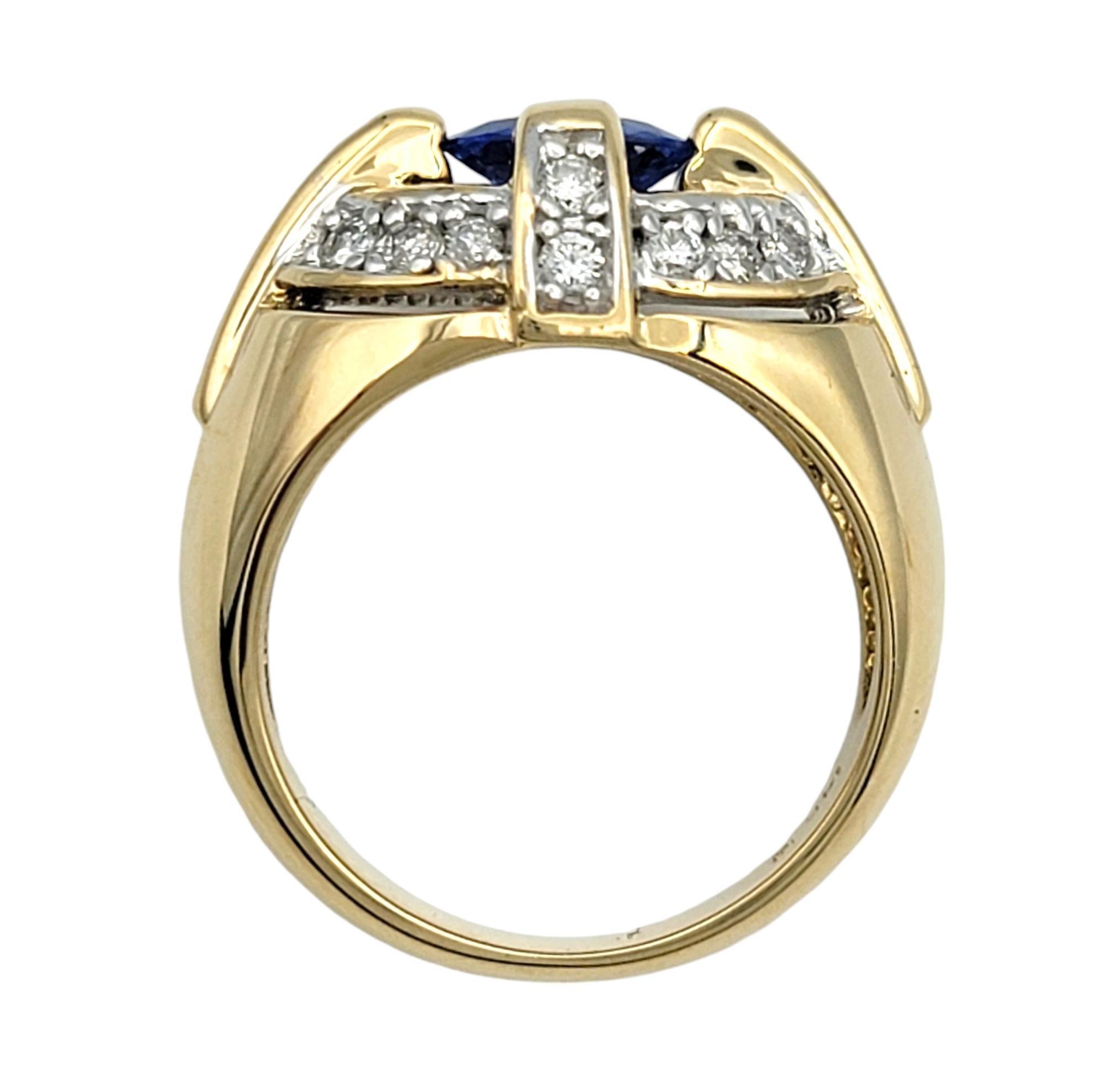 East-West Oval Cut Blue Sapphire Dome Ring with Diamonds in 14 Karat Yellow Gold For Sale 2