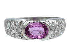 East West Oval Cut Pink Sapphire and Pavé Diamond Band Ring 18 Karat White Gold