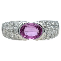 East West Oval Cut Pink Sapphire and Pavé Diamond Band Ring 18 Karat White Gold
