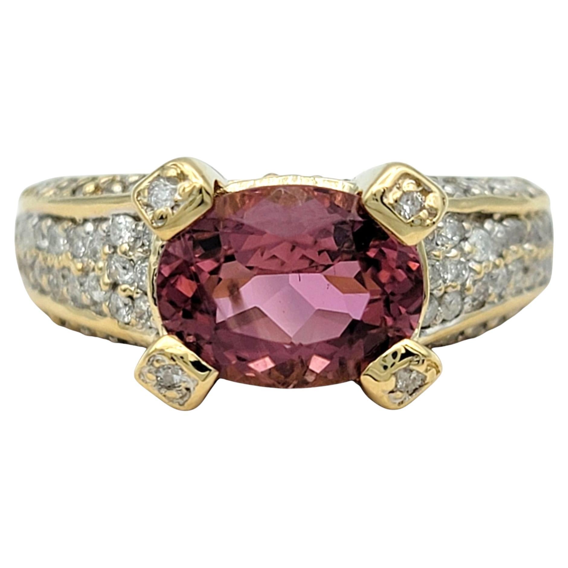 East West Oval Cut Pink Tourmaline & Diamond Cocktail Ring 14 Karat Yellow Gold