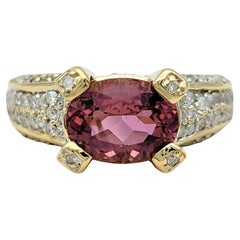 East West Oval Cut Pink Tourmaline & Diamond Cocktail Ring 14 Karat Yellow Gold
