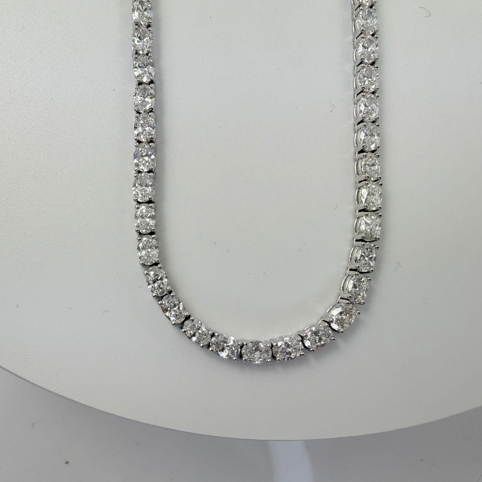 Oval Cut East-West Oval Diamond Tennis Necklace in 14K White Gold, 20.25 Carats For Sale