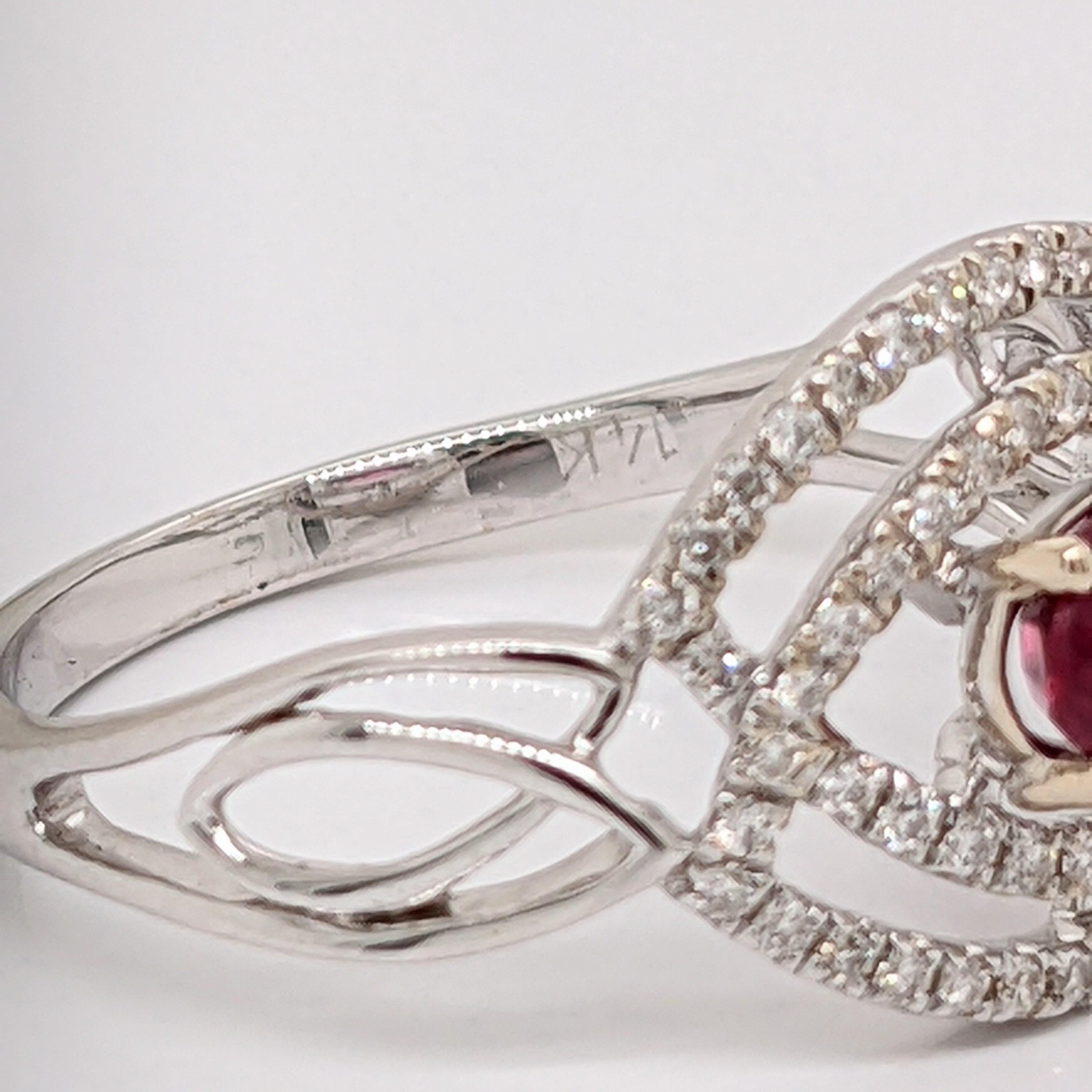 East West Red Ruby Ring w Earth Mined Diamond in Solid 14k White Gold Oval 6x4mm 4